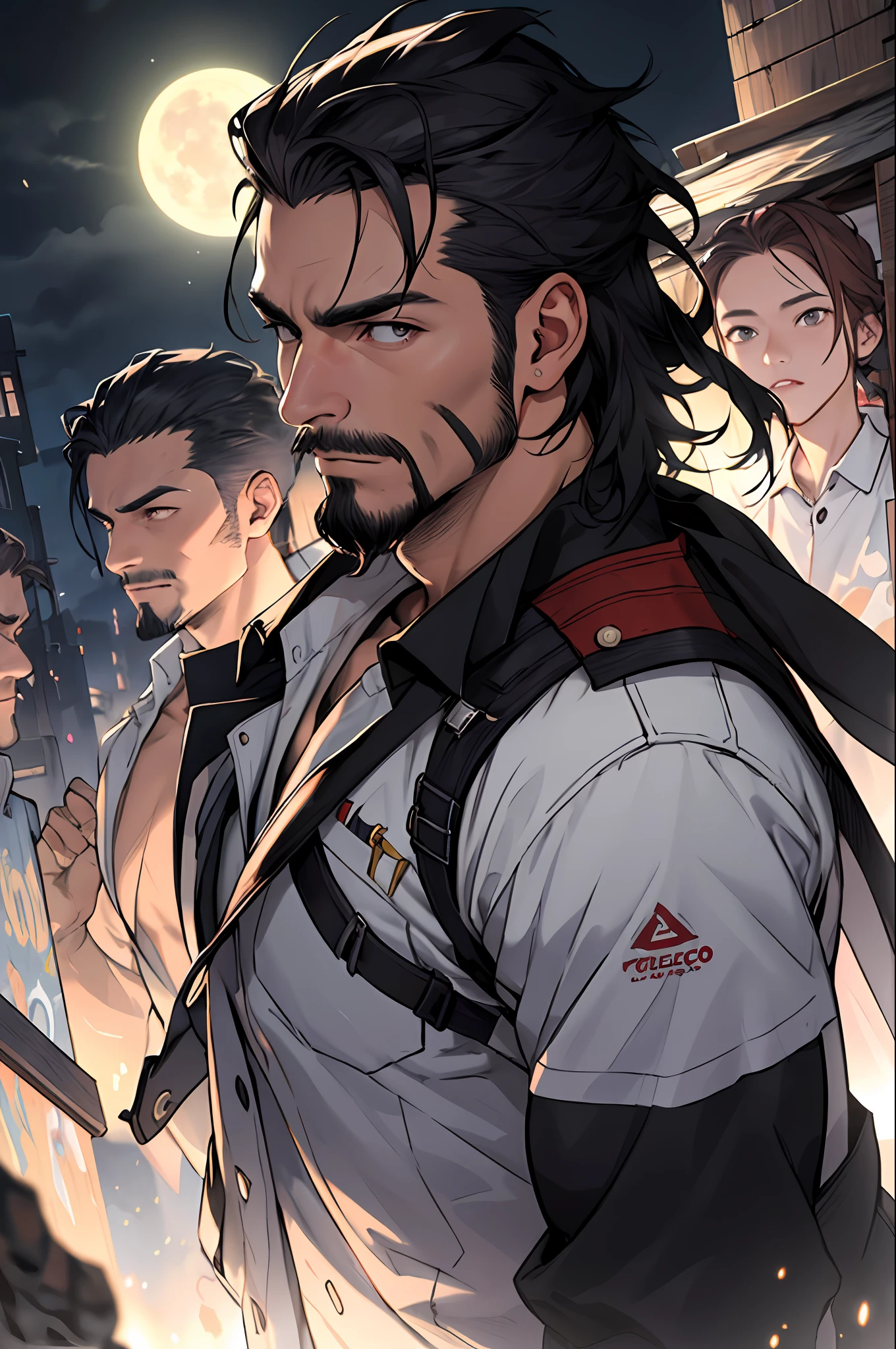 1 homem, obra-prima, melhor qualidade, plano de fundo neblina, solo, corpo inteiro, facial hair, homem musculoso, casado, envelhecido, casaco, beco, luz da lua, eight heads tall, escuro