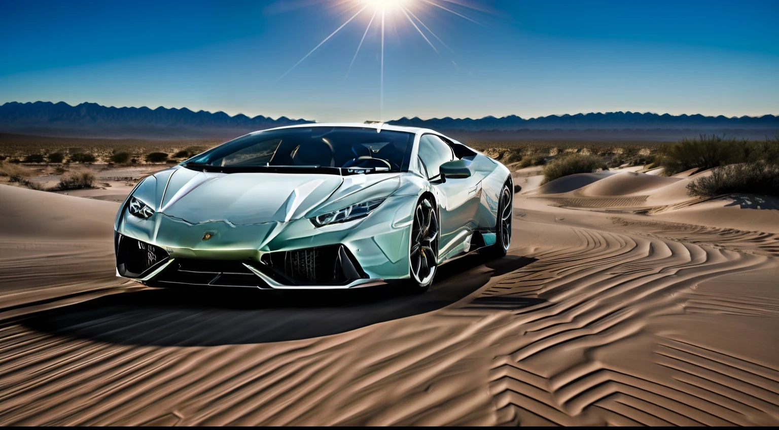 Lamborghini Huracán Strong sunlight casting distinct shadows, emphasizing the car's sharp lines Dynamic diagonal composition with the car diagonally positioned within the frame Desert landscape with sand dunes and distant mountains Close-up of the aggressive front bumper and angular air intakes