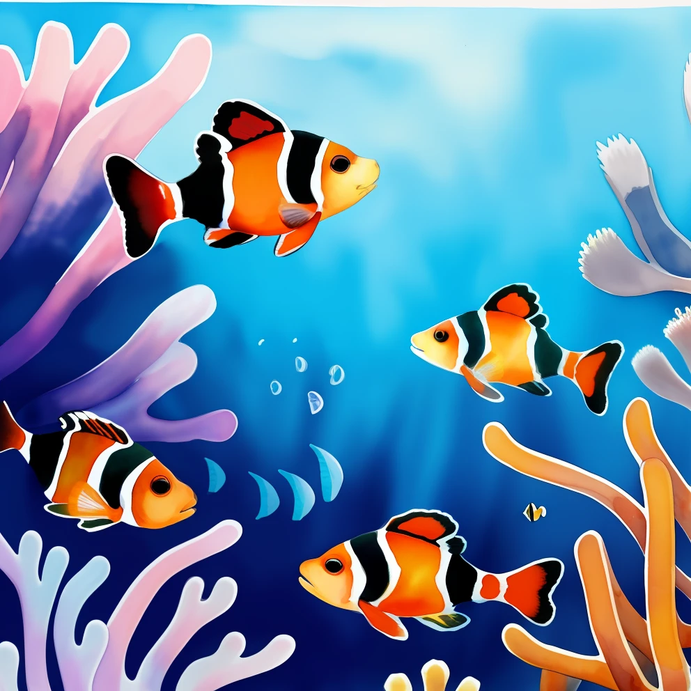 Watercolor painting of many clownfish (Balistoides conspicillum)
