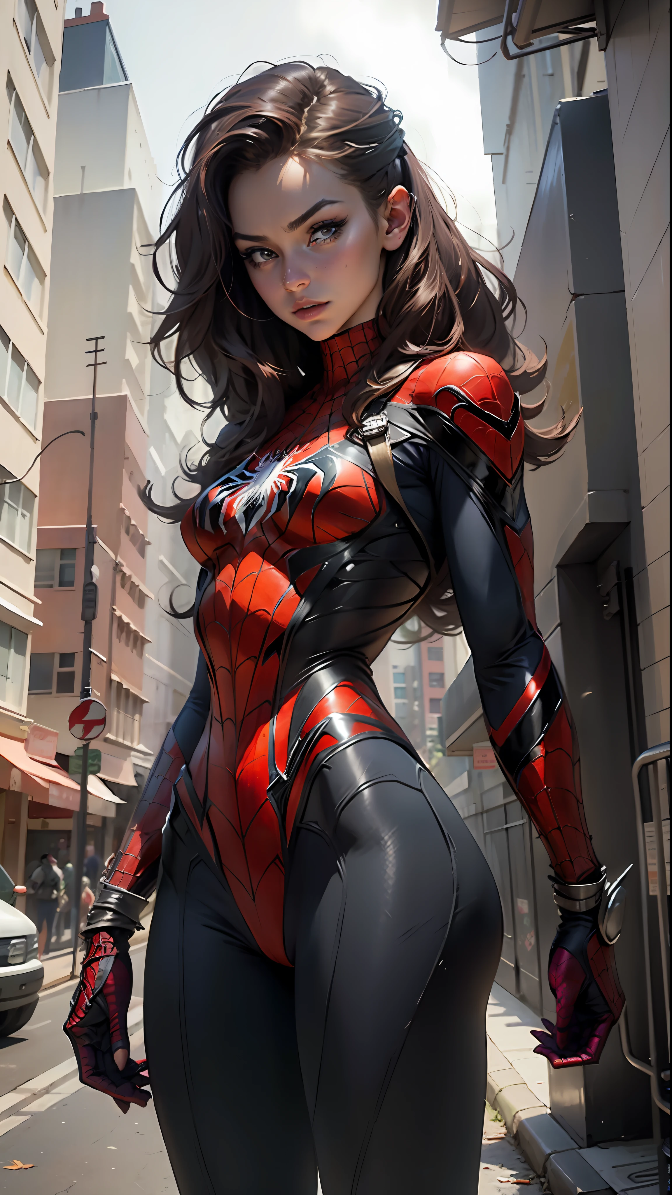 Beautiful woman detailed defined body using spider man cosplay, small breasts