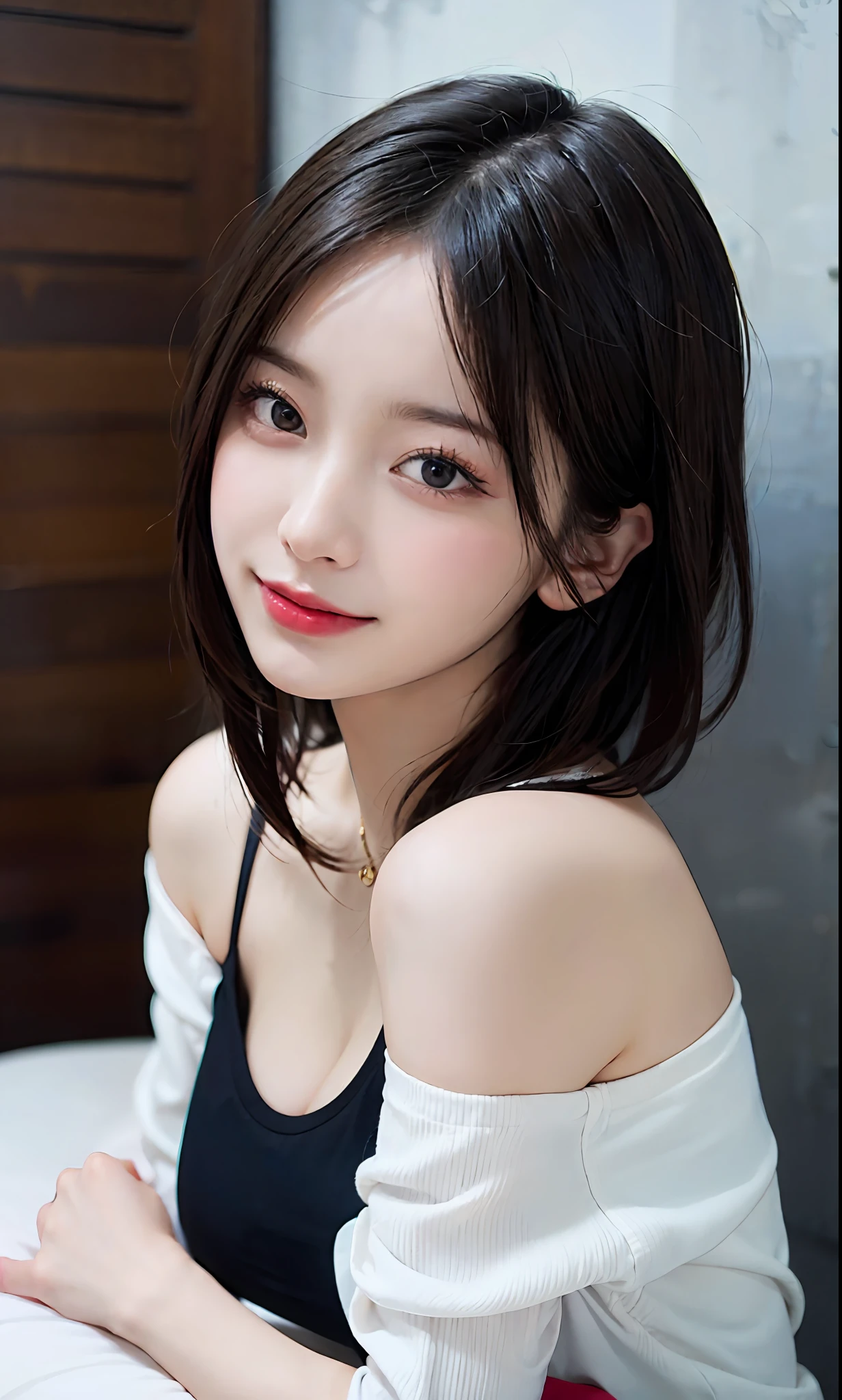 (Raw photography:1.2)、beste-Qualit、a beautiful detailed girl、A smile、short-haired、very detailed eyes and faces、beautiful-detailed eyes、huge filesize、A high resolution、A high resolution、8k wall paper、finely detail、Highly detailed ticker uniform 8K wallpaper、Light on the face、电影灯光、-yeld gia sexy pose、(photo realism:1.4)、illustratio、surrealism、 From Underneath、super detaill、a masterpiece of、panthyhose、sitting on、over-size shirt、off shoulders、cleavage of the breast、cow-boy shot
