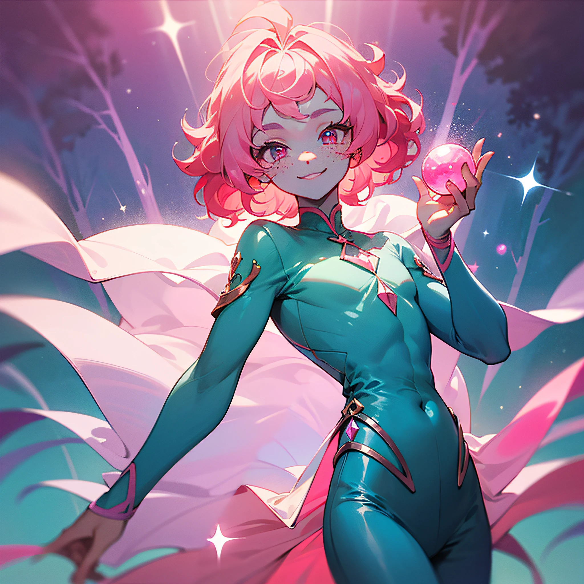clothes, fantasy style, cyan colored fabric, copper colored details, pink crystal accessories, flowy trousers, loose fabric, pink colored trims