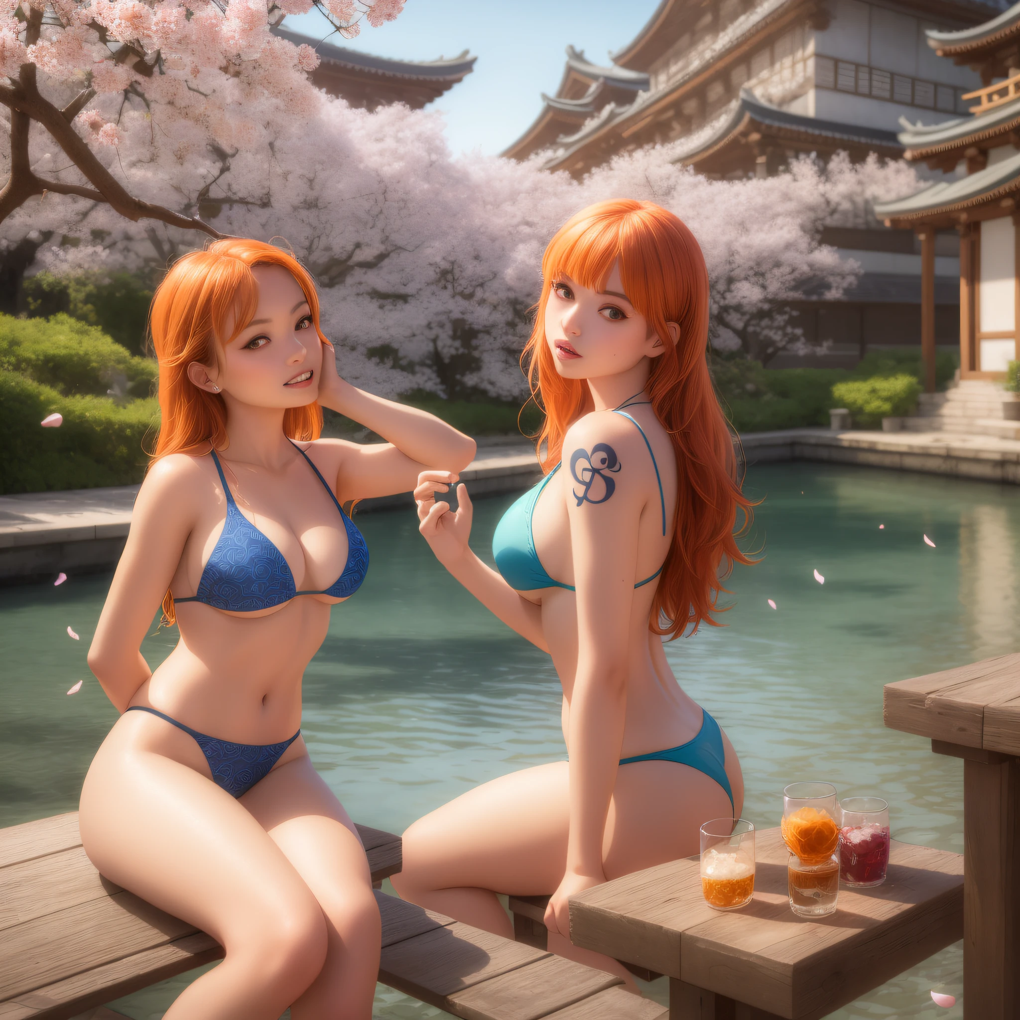 masterpiece, (photorealistic:1.5), best quality, beautiful lighting, real life,
nami \(one piece\),
5girls sitting on a wooden bench, identical girls, close together, architecture, cherry blossoms, east asian architecture, falling petals, blue flower bikinis, long hair, open mouth, orange hair, petals, butterflies, shoulder tattoo, solo, nami's tattoo, teeth, upper teeth only, looking at themselves, kissing, hugging, same color hair, same color bikinis, identical hair, identical bikinis, intricate, high detail, sharp focus, dramatic, beautiful girls , (RAW photo, 8k uhd, film grain), caustics, subsurface scattering, reflections, dynamic angle, wide angle,