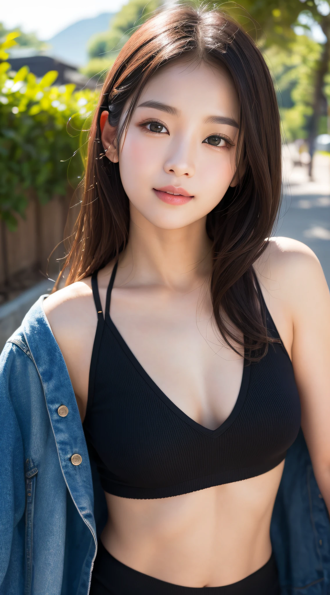 ((best quailty、8K、a masterpiece of:1.3))、foco nítido:1.2、(ultra beautiful face:1.0)、(Slender Abs Beauty:1.0)、(shinny skin:1.0)、photograph realistic、Black-haired、Video Lighting、High-definition eyes and face、Video Lighting、(cow-boy shot:1.3)、swim wears、(Korean Cute Actress)、from the front side、medium large breasts、A slight smile、Sleeveless