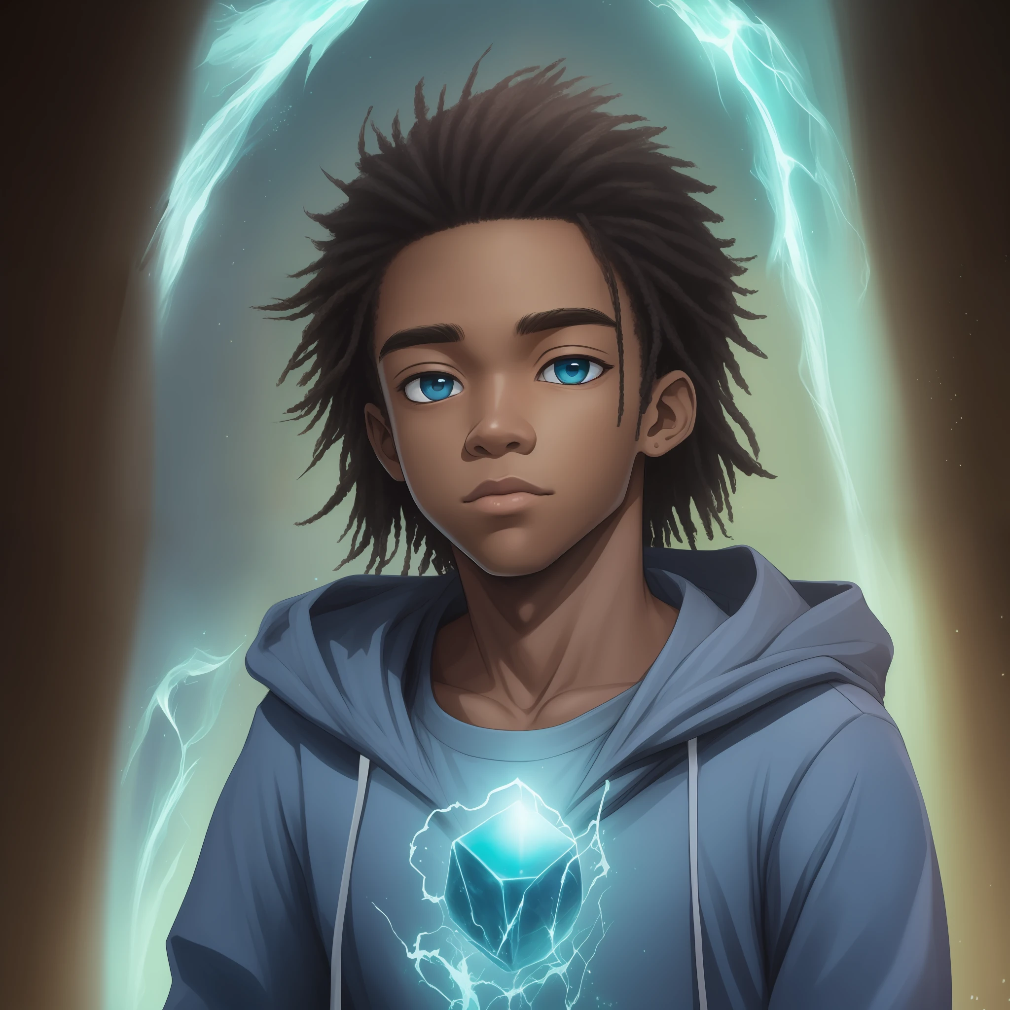 Jovem negro de anos, sentando em uma pedra, characteristics of a 16ear, anitraits, poderes elementais de energia, cacheados escuros, male gender, cor de pele escura, somente, Aura elementar azul