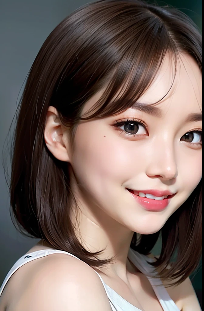 Brunette hair, ribbon, moles under the eyes, aqua eyes, grin, verism, cinema lighting, sexy, feminine, UHD, anatomically correct, high detail, hd