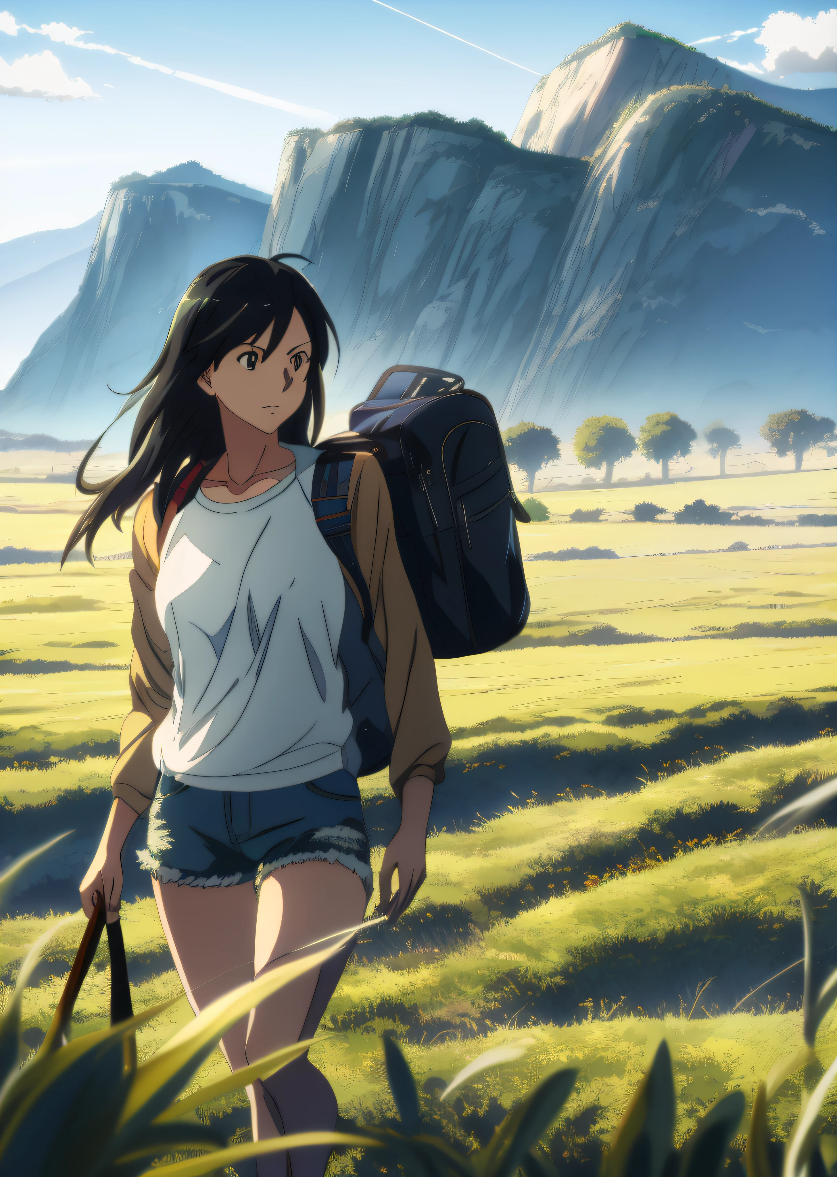 Menina anime com mochila andando por um campo de grama, Makoto Shinkai Estilo de Arte, Estilo de Makoto Shinkai, ( ( Makoto Shinkai ) ), em estilo de Makoto Shinkai, Makoto Shinkai filme, Makoto Shinkai Cirilo Rolando, Makoto Shinkai e Bioware, studio glibly makoto shinkai