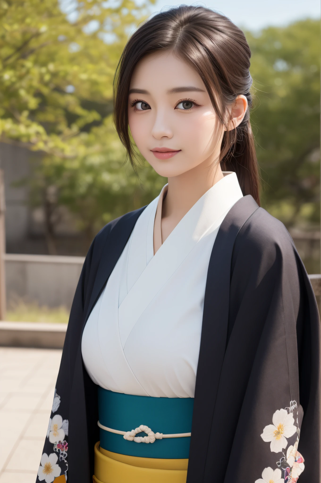((beste-Qualit、8K、a masterpiece of:1.3))、foco nítido:1.2、(ultra beautiful face:1.0)、(Slender Abs Beauty:1.0)、(shinny skin:1.0)、photograph realistic、Black-haired、Realistic pupils、Video Lighting、High-definition eyes and face、Video Lighting、(cow-boy shot:1.3)、(Kimono、Hakama、obi:1.4)、(Korean Cute Actress)、Traditional kimono、from the front side、medium large breasts、A slight smile