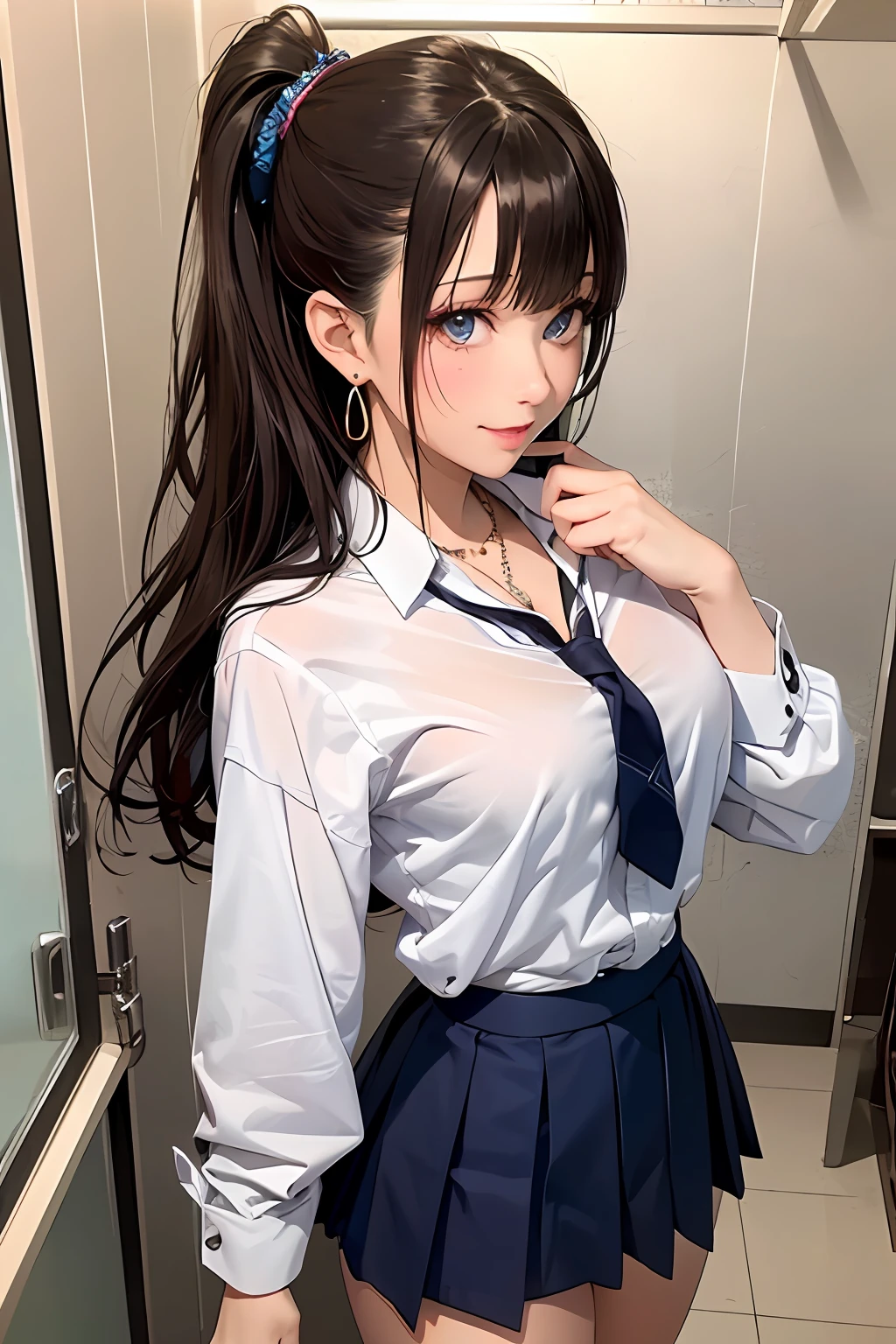 (Masterpiece: 1.3), (Maximum resolution: 1.2), (Ultra HDTV: 1.2), Cinema light, Ultra HDTV, (Detailed eyes and skin), (Detailed facial features), HDR, 8k resolution, Sharp Focus: 1.2, Perfect style, beautiful face, Perfect body, accurate, anatomically correct, highly detailed face and skin texture, detailed eyes, Dark-blue eyes, double eyelids, thin eyebrows, glitter eyeliner: 1.2, natural cheeks, glossy skin, fair skin: 1.2, shiny little necklace and earrings, (glossy lips: 1.4), BREAK, first-person-view, (she is very Cute high school student), (Wearing a Button up shirt, pleated mini skirt, Navy tie, high socks), (seductive smile: 1.2), ((Innocent and Cute girl:1.3)), (side-Ponytail Hairstyle, wavy hair), (Light-brown hair:1.2), medium long hair, (Cowboy shot: 1.2), BREAK, ((Very intimate relationships: 1.2)), medium large breasts, ((Looking at viewer:1.2)), ((Changing clothes pose.:1.6)), ((In the Extreme narrow school changing room:1.2)), (from side:1.2),