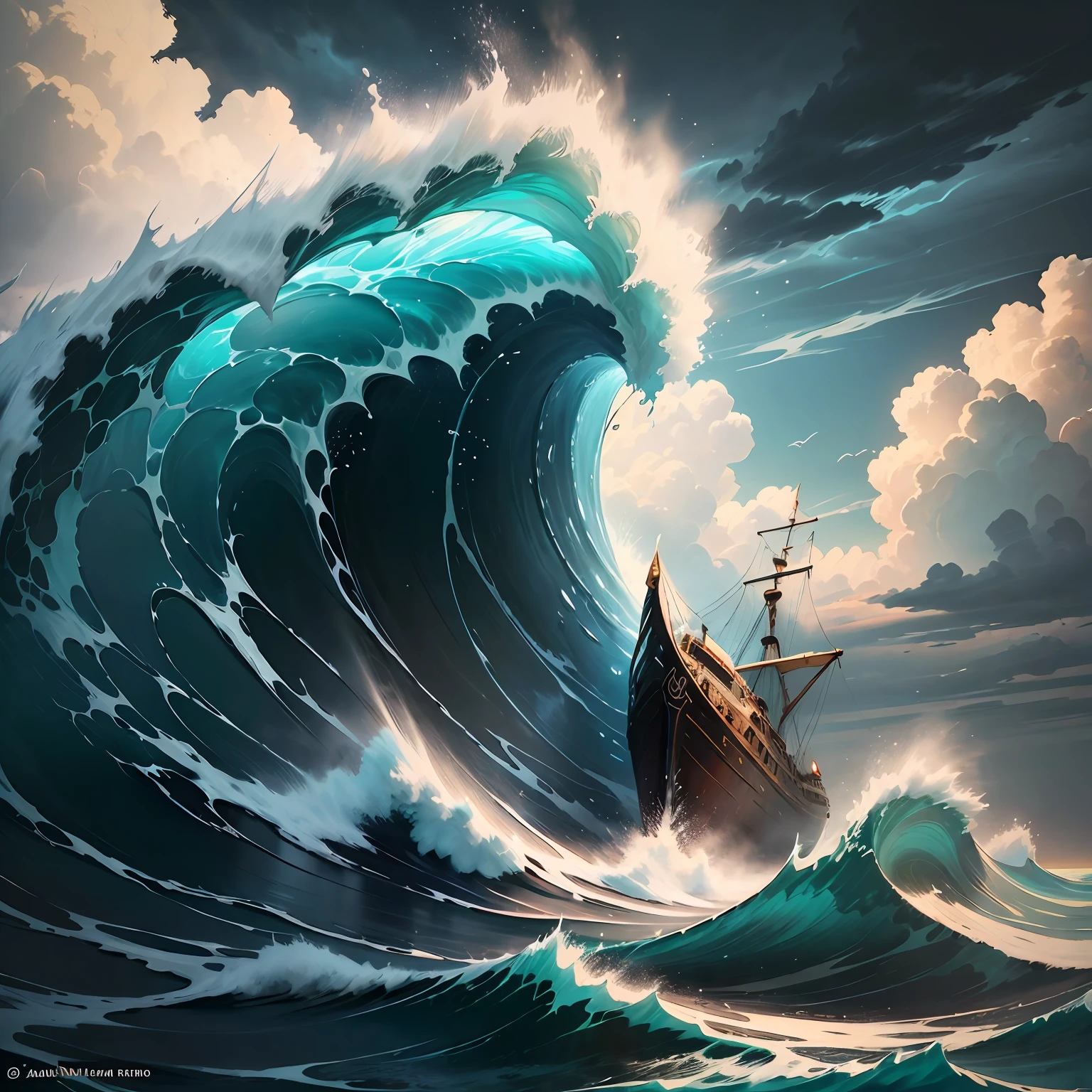 Create a stunning oil painting depicting a ship sailing in a rough sea. Use rich brush strokes and striking textures to convey the turbulence of waves and the force of nature. Paint the sky with dramatic tones and charged clouds, intensifying the sense of impending storm. Destaque o navio com detalhes cuidadosamente pintados, emphasizing their movement and resistance in the face of the churning waves. Explore a paleta de cores do oceano, from the deep blues to the intense greens and sparkling whites of the breaking waves. Let yourself be carried away by the excitement and the immensity of the sea, capturing the challenging and majestic essence of this maritime setting. --auto