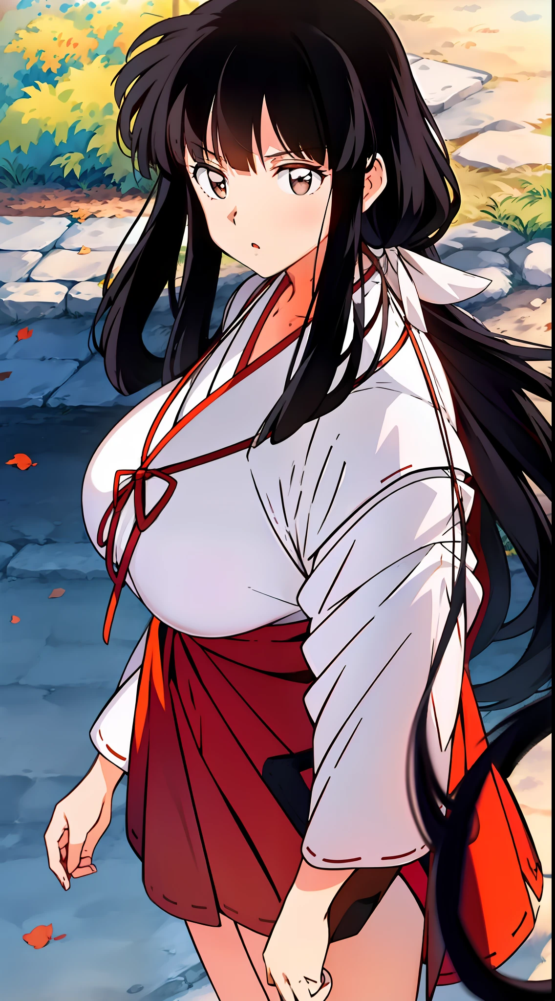 Kikyo, a woman with，Black hairstyle，Perfect figure，Brown eyes, （extremely giant breasts），Kimono with white，red short dress，are standing，realisticlying, (Hyper-realistic:1.2), perfect  eyes, Perfect face, Half-body front photo，