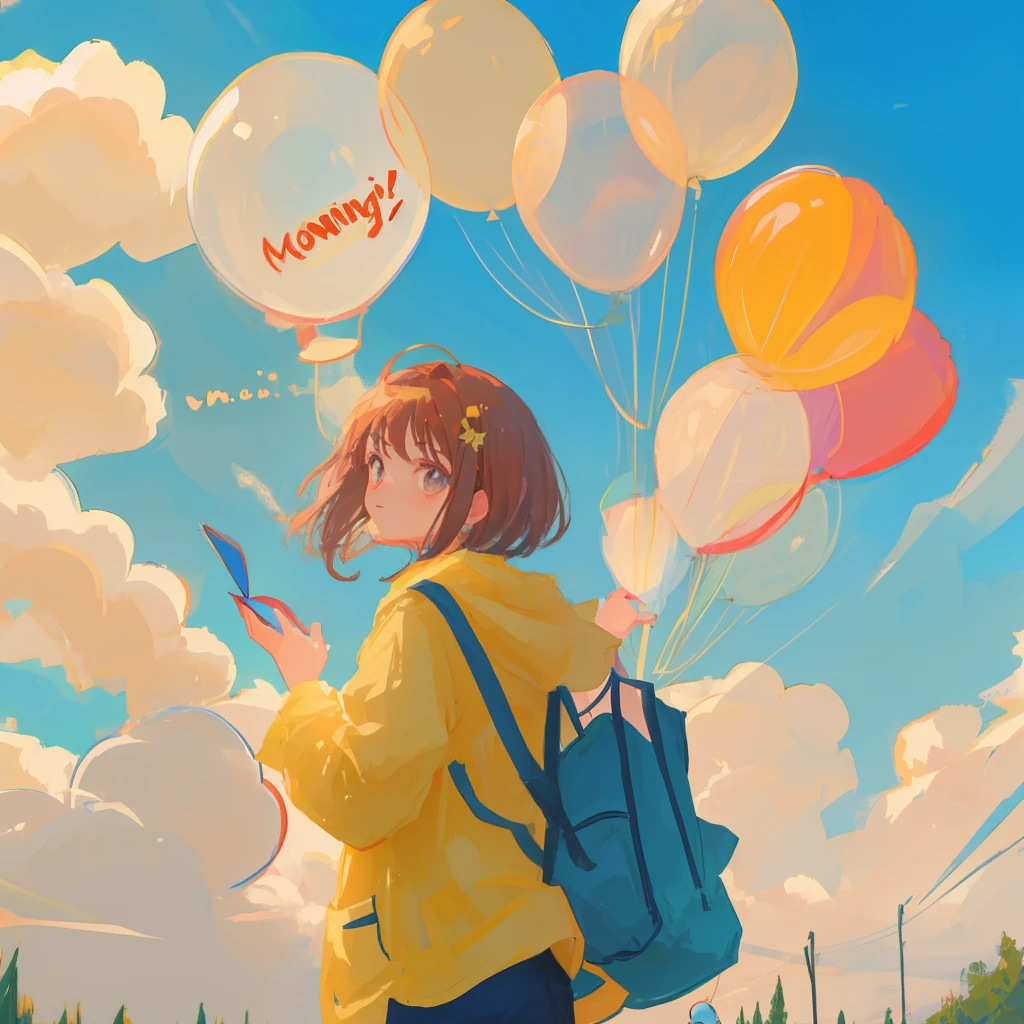 A ballon world, funny, morning, a girl say good morning, sunny day