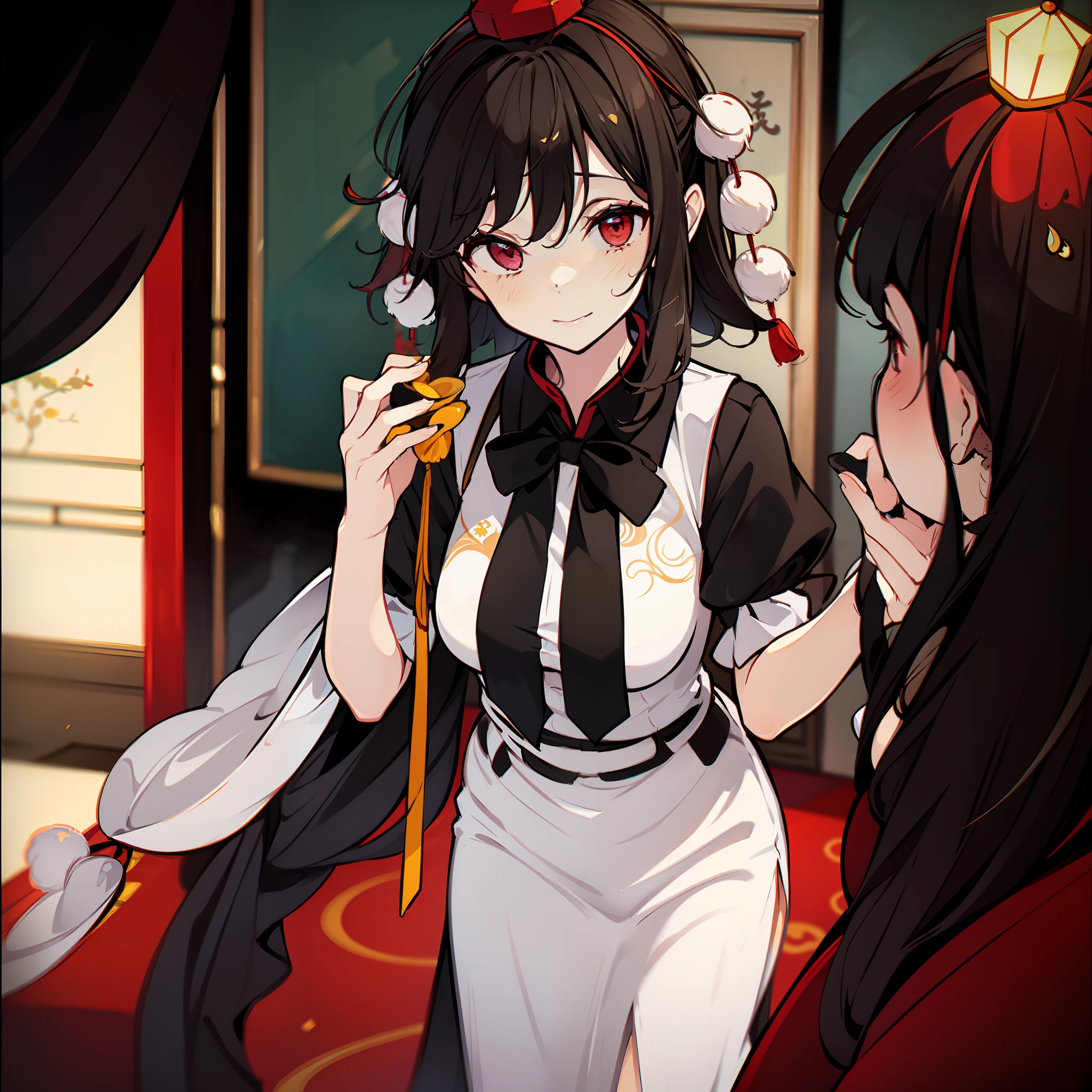 masutepiece, Fine detail, 4K, 8K, 12K, Solo, One person, Beautiful girl, caucasian female, Touhou Project's Sesei-marubun、dark-haired、midium breasts、(shorth hair)、chinese clothes, Chinese dress, Chinatown