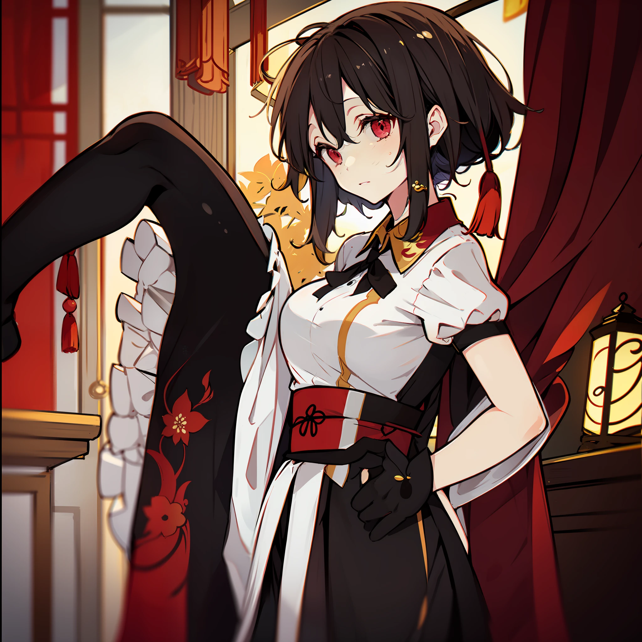 masutepiece, Fine detail, 4K, 8K, 12K, Solo, One person, Beautiful girl, caucasian female, Touhou Project's Sesei-marubun、dark-haired、midium breasts、(shorth hair)、chinese clothes, Chinese dress, Chinatown