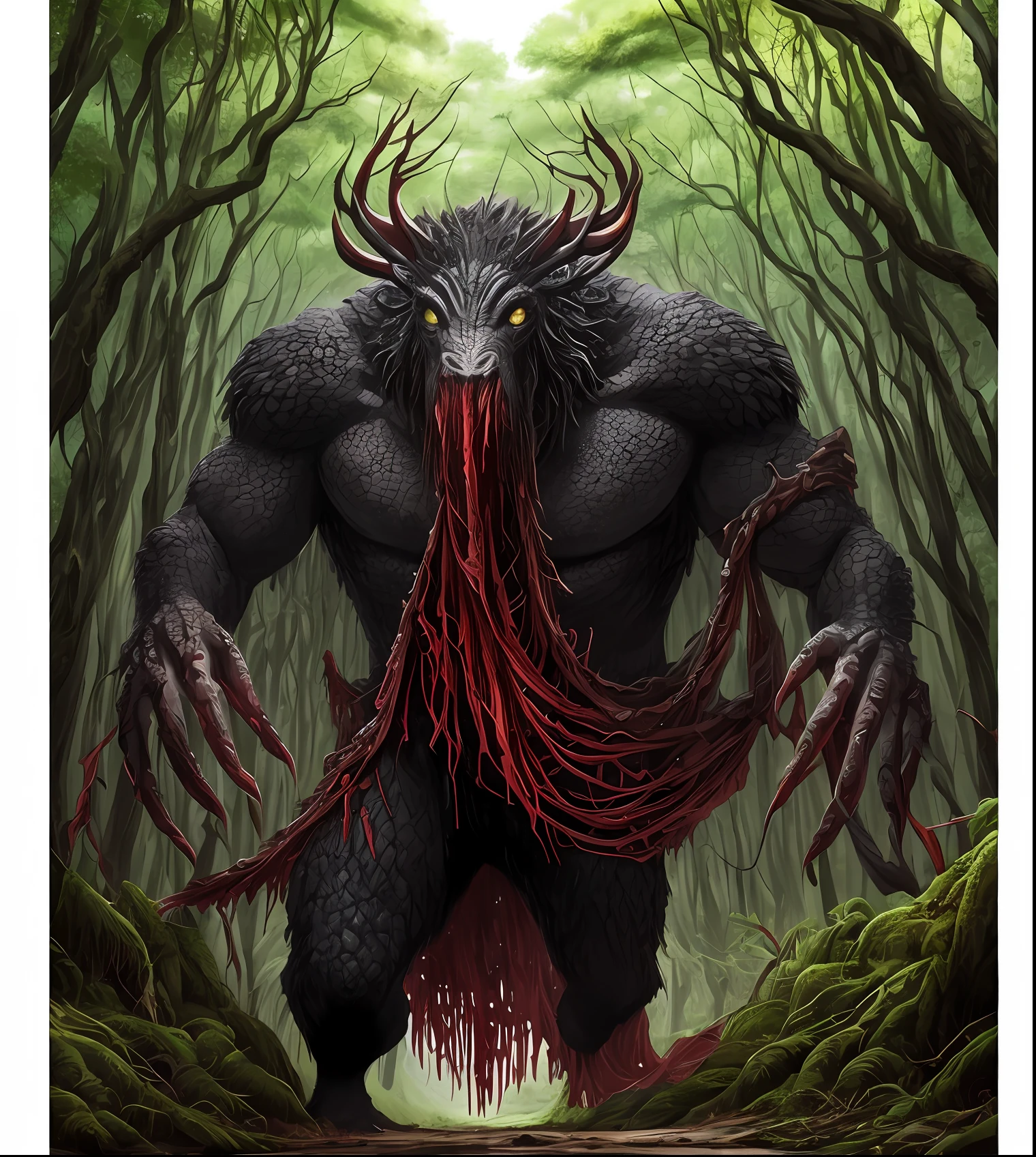 Obra Prima, Melhor qualidade, Fundo bosque, Criatura humanoide monstruosa com sangue na boca, olhos verdes, 4 arms, asas negras, corpo perfeito. --auto