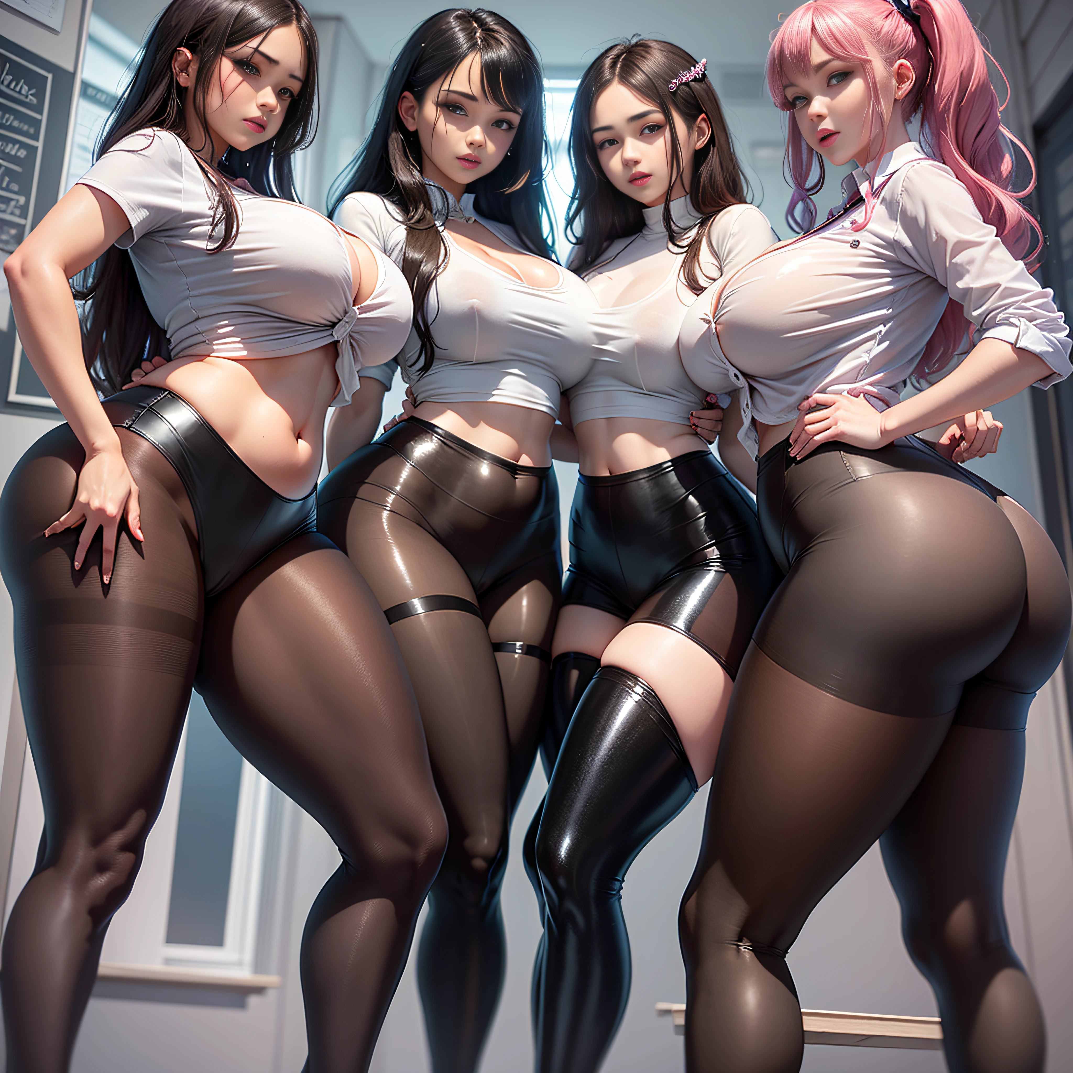 five 18 year old girls, massive breasts, massive hips, massive thighs, massive calves, slender waist, white shirt, wet shirt, empty classroom, playful, hourglass figure, shiny black pantyhose, exposed breasts, exposed ass, high heels with ankle strap, detailed eyes, leggings, kissing each other, 4K high resolution