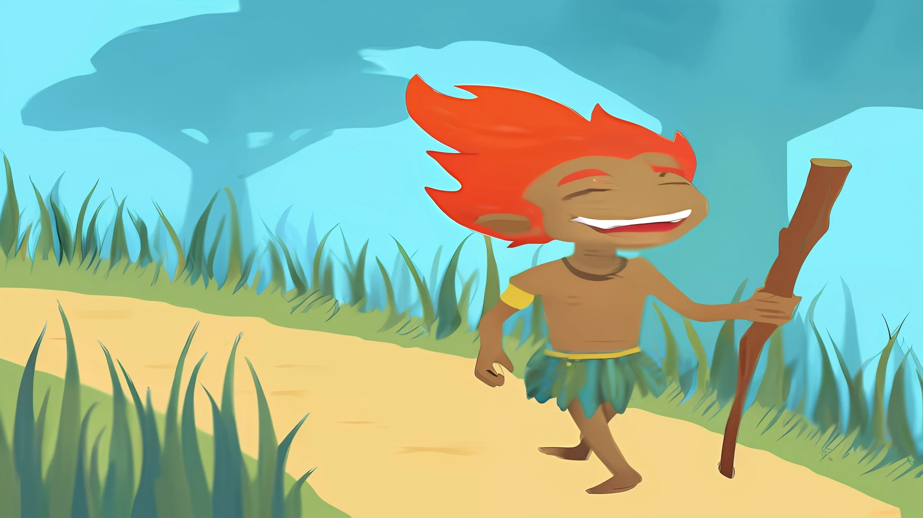 cartoon illustration of a man with a stick walking down a path, vestindo roupas de homem das cavernas, humanoid monkey fantasy race, Dom Wukong, No estilo de filme Croods, Membros da tribo perseguindo, Dreadlocks afro vermelhos em chamas, a tocha que todos devemos segurar, imagem do avatar, Rei Macaco, Arte infantil em Artstation, design de personagens animados, holding a spear