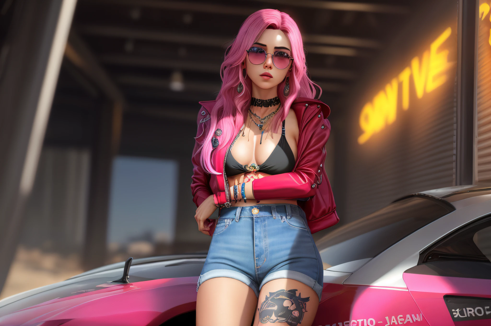 mulher com cabelo rosa claro, round and black glasses, sentada em um carro de corrida rosa, Sombreamento realista, estilo sensual, Estilo de arte foto realista, black bikini and jean shorts, Estilo de arte realista, estilo hiper realista, em uma fazenda, fundo desfocado, 8k, Ultra Detalhado, batom vermelho, estilo gta V, pulseira de argolas rosa, tatuagens pretas, olhar serio e seduzem-te, cachecol na cor bordo , fivela dourada no cinto, fundo desfocado com arvores, sem jaqueta, e sem correntes e colares, only 2 arms without errors or defects in the body
