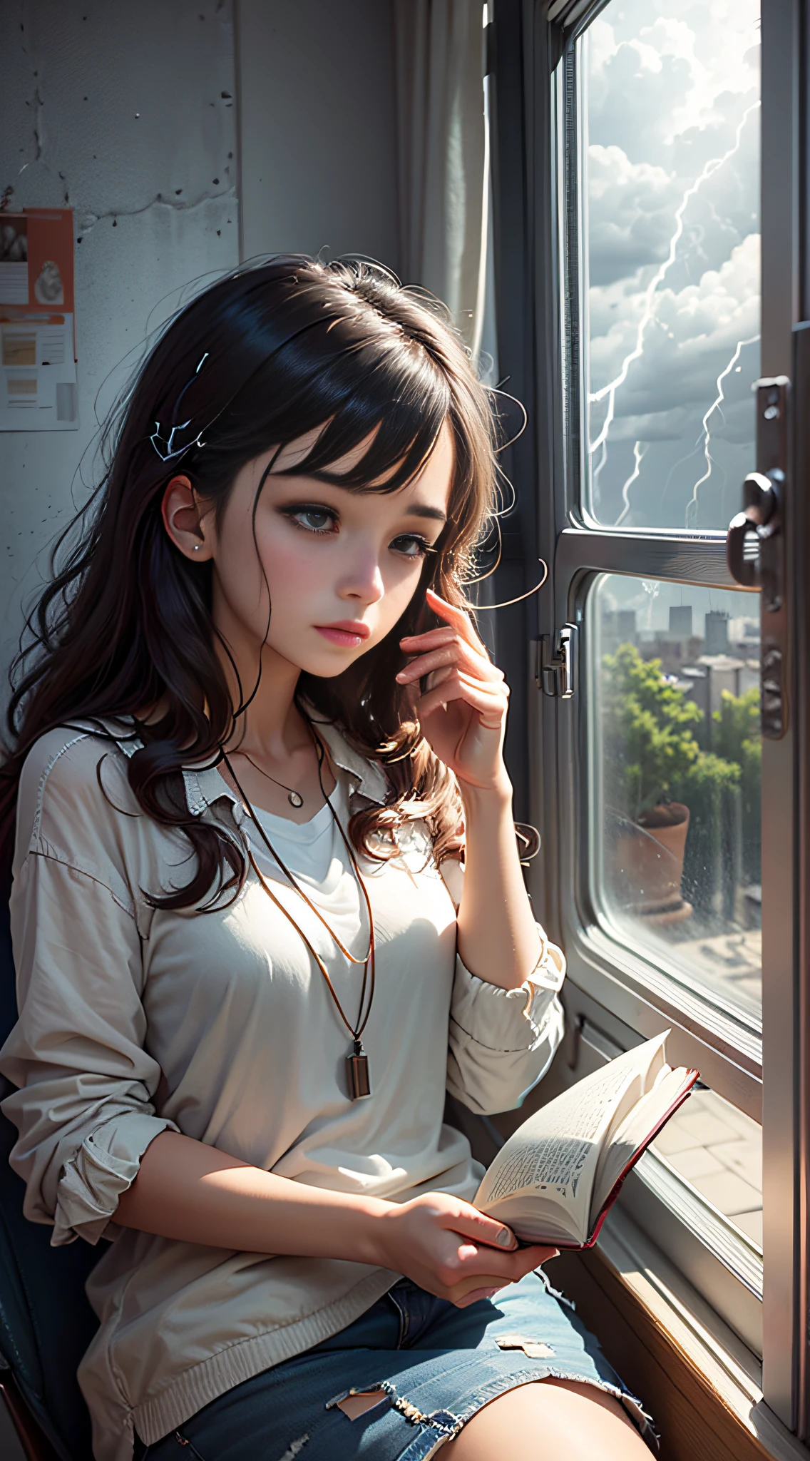 A ager sat by the window reading a book, the clouds outside the window were thick, lightning and thunder, the atmosphere was depressed, and the style was gloomy