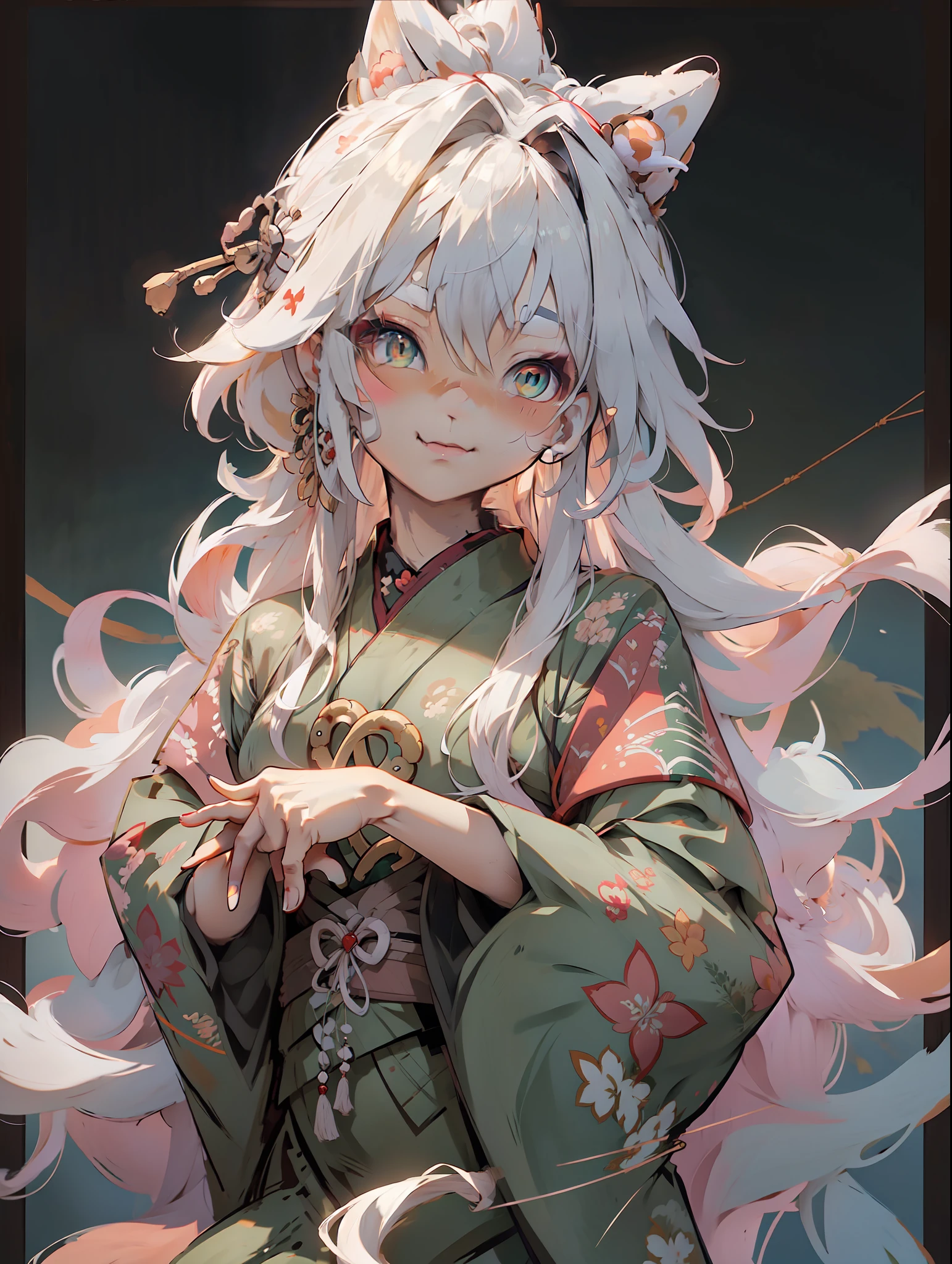 mushroom, sitting indian style, umbrella, silver hair, side drill, antlers, heart-shaped pupils, heterochromia, pointy ears, heart in eye, glasgow smile, Fujicolor, ray tracing, anime style, Ukiyo-e, anime, bokeh, multiple views, bust chart, masterpiece, high quality, highres