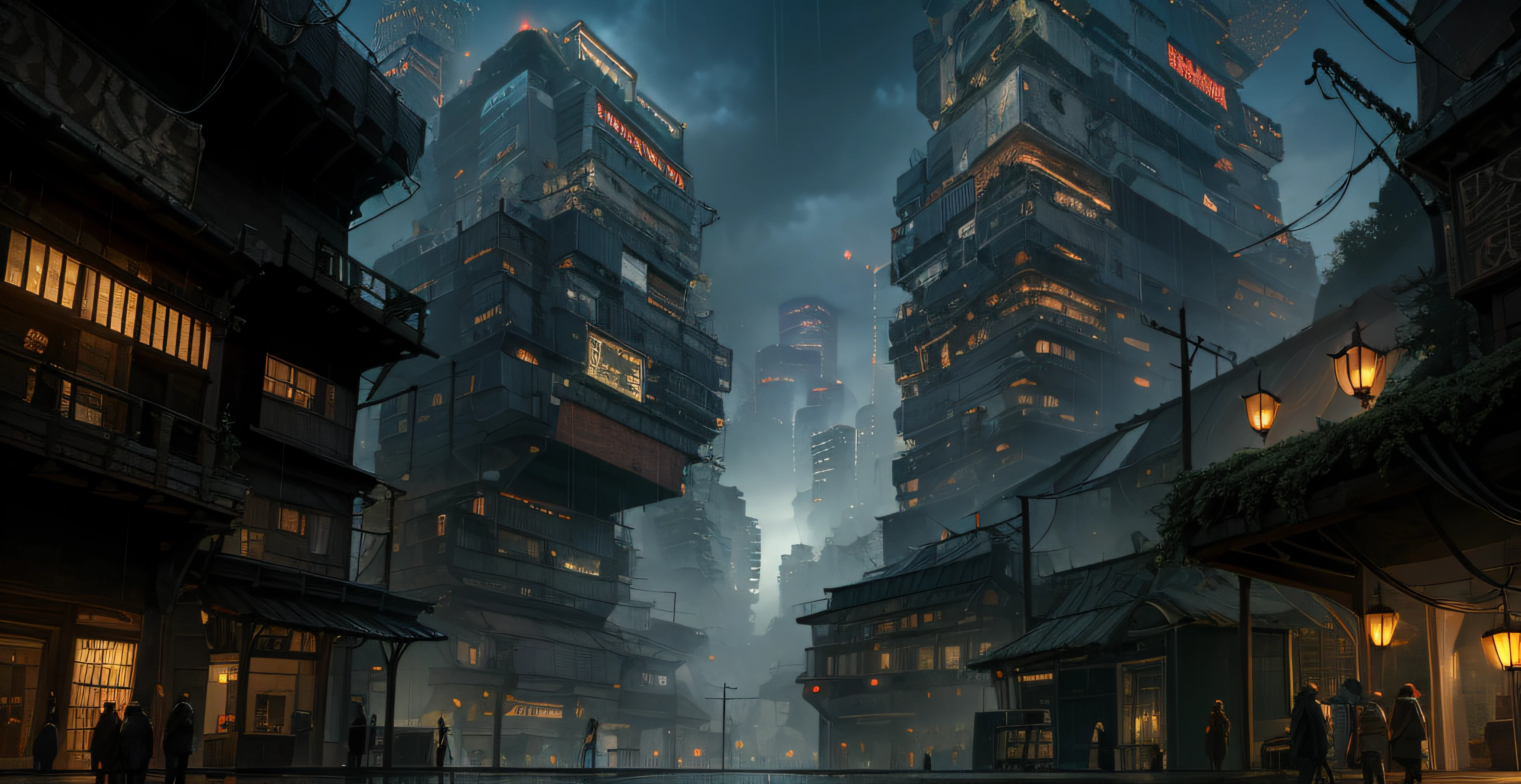 Urban design of Sidmead、Low-rise buildings、the chaos、Complex and high-definition、bladerunner、Ridley Scott's visual expression、Futuristic cities、nightscape、rainy day