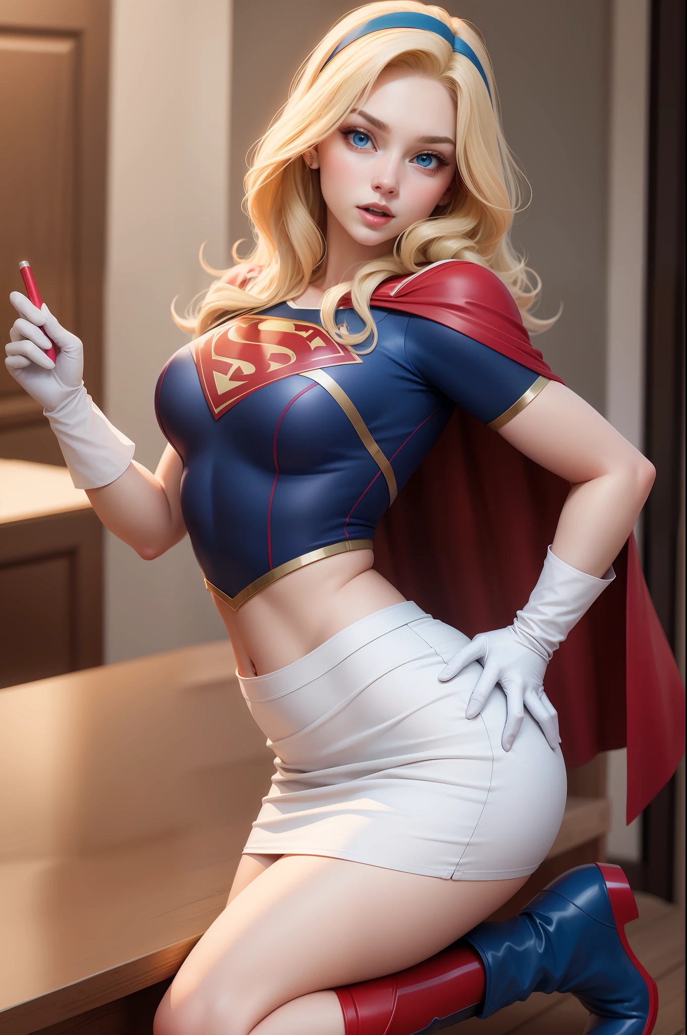 sexy Supergirl long blonde hair and blue eyes, black hairband, white croptop, short sleeves, red cape, blue pencil skirt, red boots, white gloves