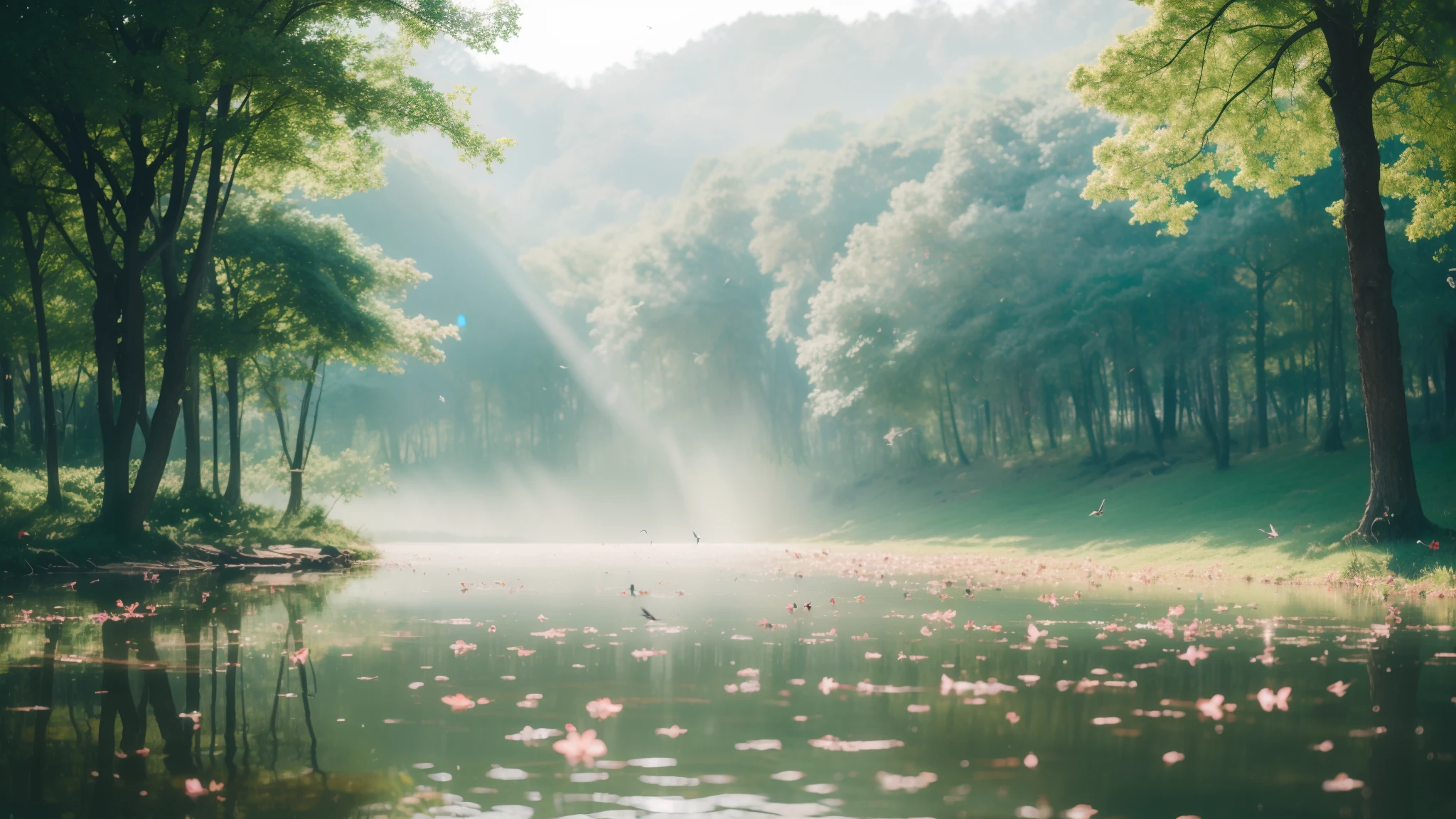 lake in the middle of a forest, sony a7, film gain, sun shine, Cinematic lighting, Photorealistic, one-point perspective, 32K, diffuse reflection, bloom, colorful 
 shiny particles, flying colorful birds, colorful fog, colorful fluid