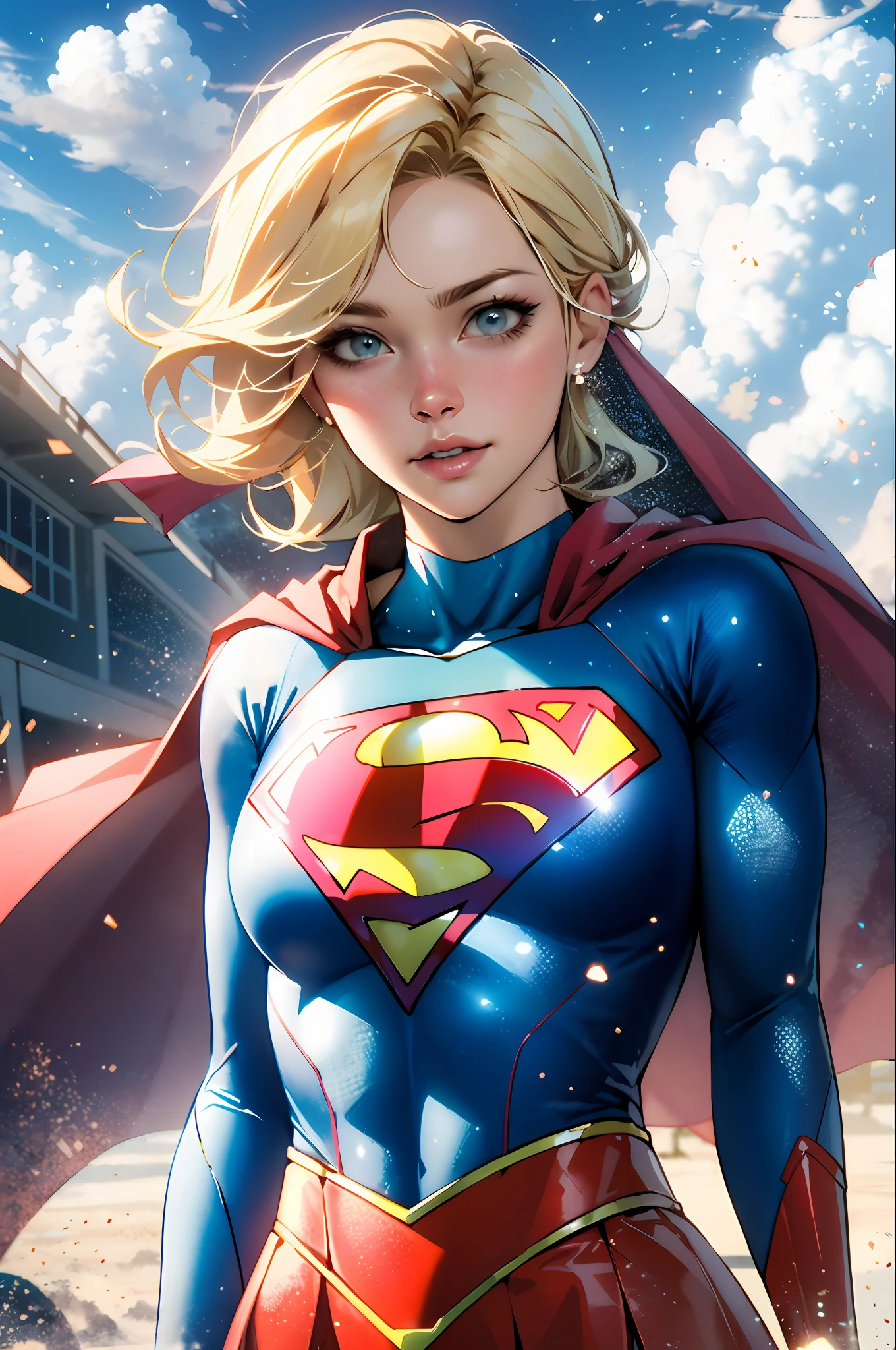 nijistyle, cowboy shot of supergirl, blonde hair, cape, particles, clouds, sky