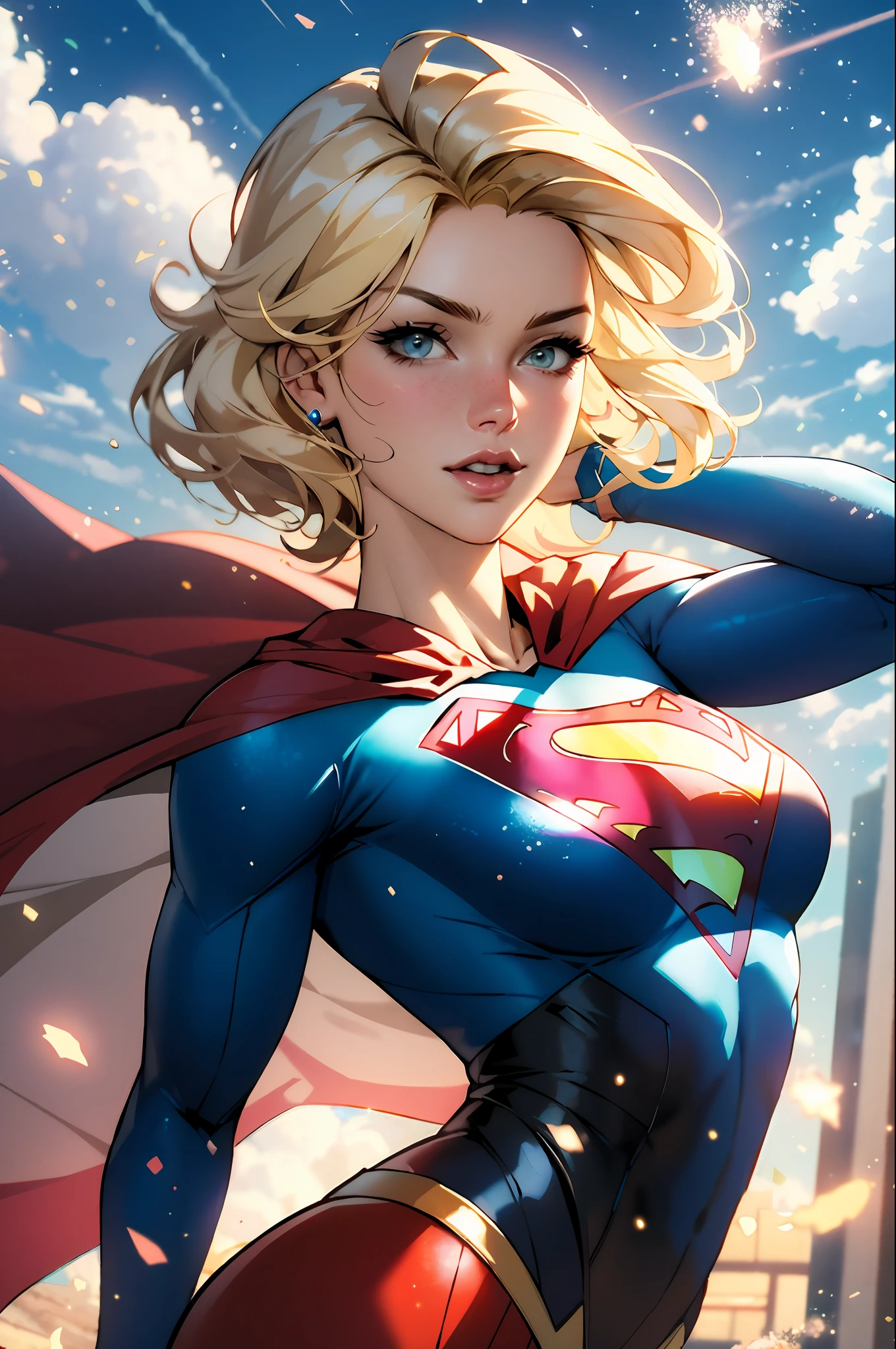 nijistyle, cowboy shot of supergirl, blonde hair, cape, particles, clouds, sky