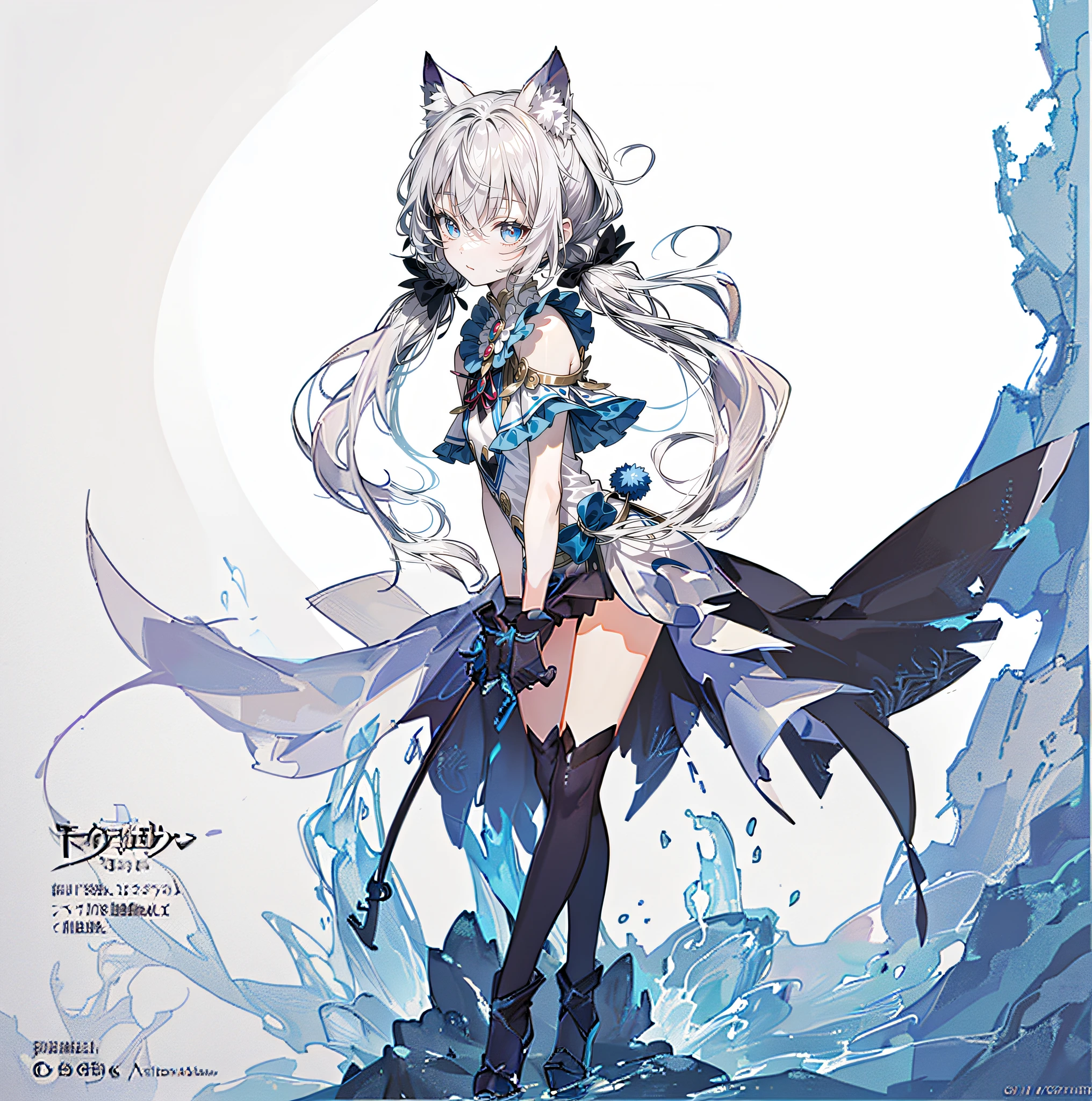 anime girl with long white hair and blue dress with cat ears, detailed key anime art, white-haired god, Official artwork, splash art anime , high detailed official artwork, detailed anime character art, official character art, shadowverse style, white cyan, White-haired, From Arknights, Kushatt Krenz Key Art Women, Anime character art