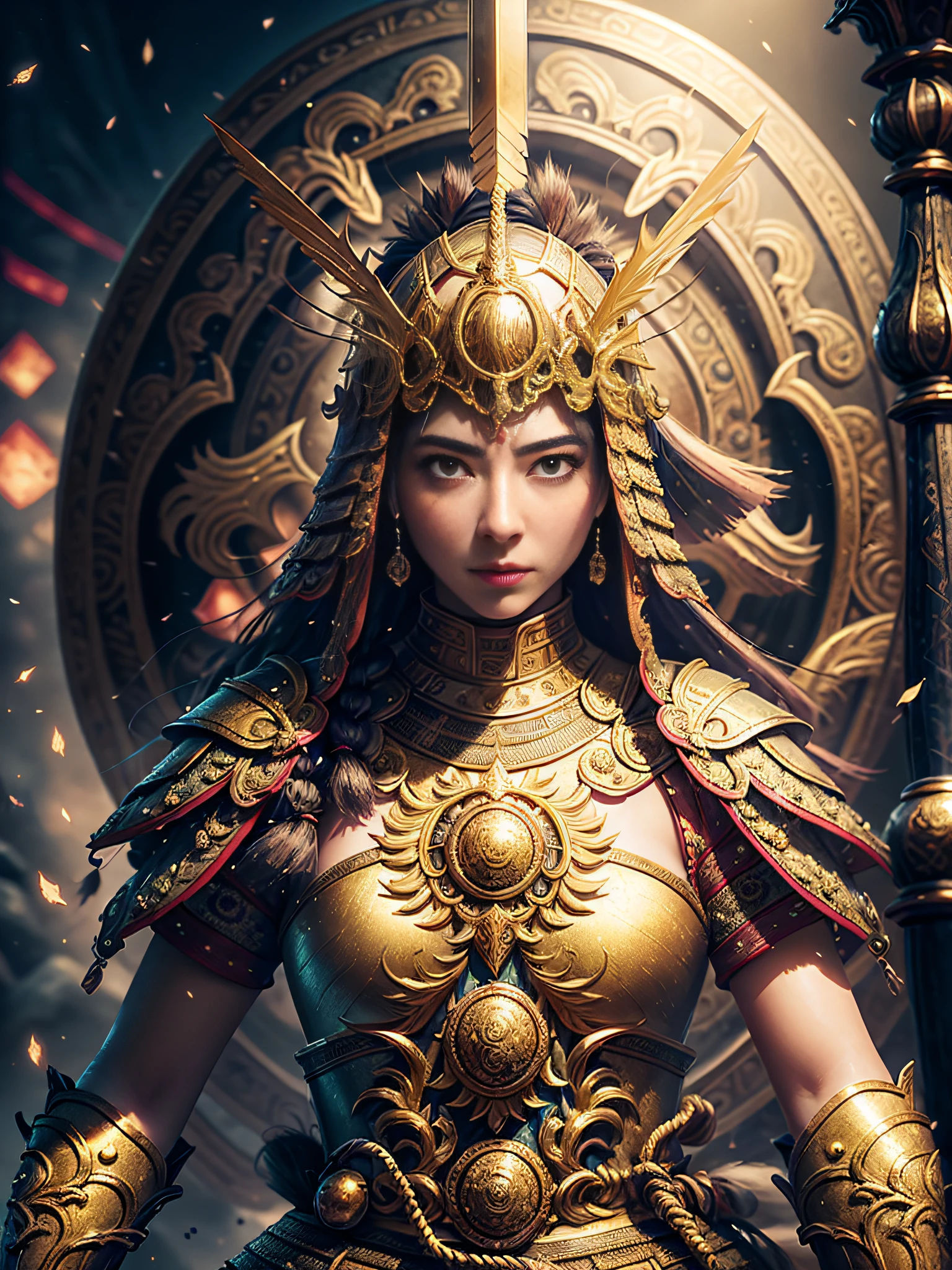V0id3nergy，巨作，Best quality，High detail，Epic detail，hyper qualit，8K，illusory engine，Sophisticated，ultra detali，Hora de Ouro，realisticlying，highcontrast，A detailed，Hyper-detailing，realistic skin textures，Best Quority，Super-High Resolution，OriginalPhoto，Dramatic lighting，Diffuse luminescent complex golden Eaba，Extremely beautiful adult woman，A beautiful face，Spears and shields，