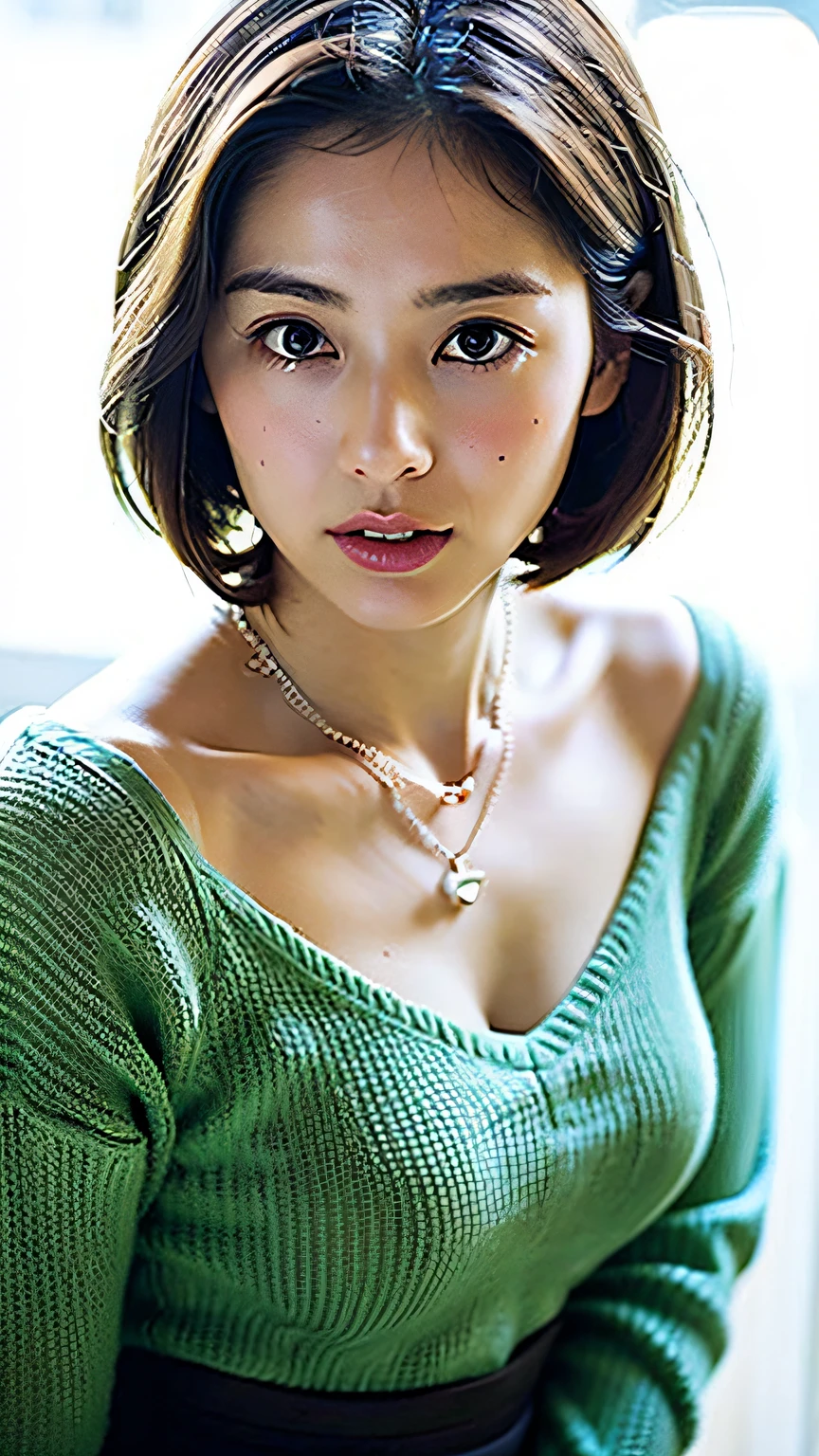 (Best Quality, 8k, 32k, Masterpiece, UHD: 1.2), Cute Japan Woman Pictures, Normal Breasts, Very Short Bob Hair, Upper Body, Face Focus, oversized_sweater, Necklace, Simple Background, From Above, Watch the Viewer,
