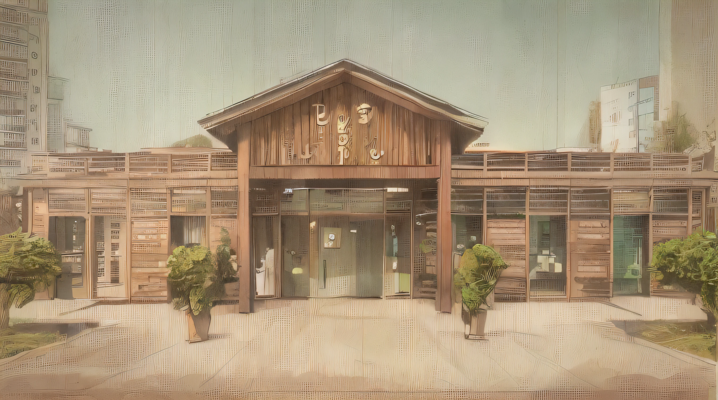 Cartoon architecture,Wooden façade,There is a large logo on the front, Public restrooms,sense of science and technology,Located in the park