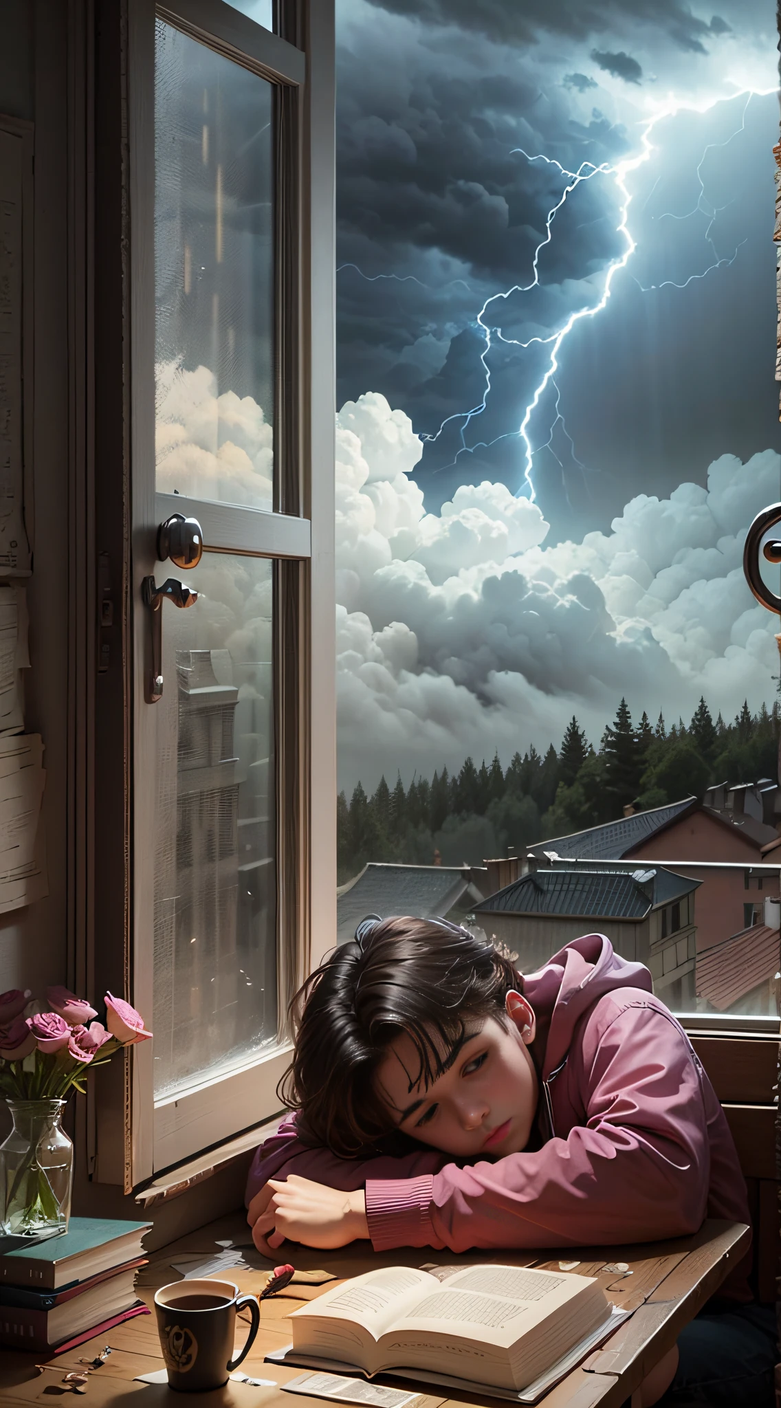 A teenager sat by the window reading a book, the clouds outside the window were thick, lightning and thunder, the atmosphere was depressed, and the style was gloomy