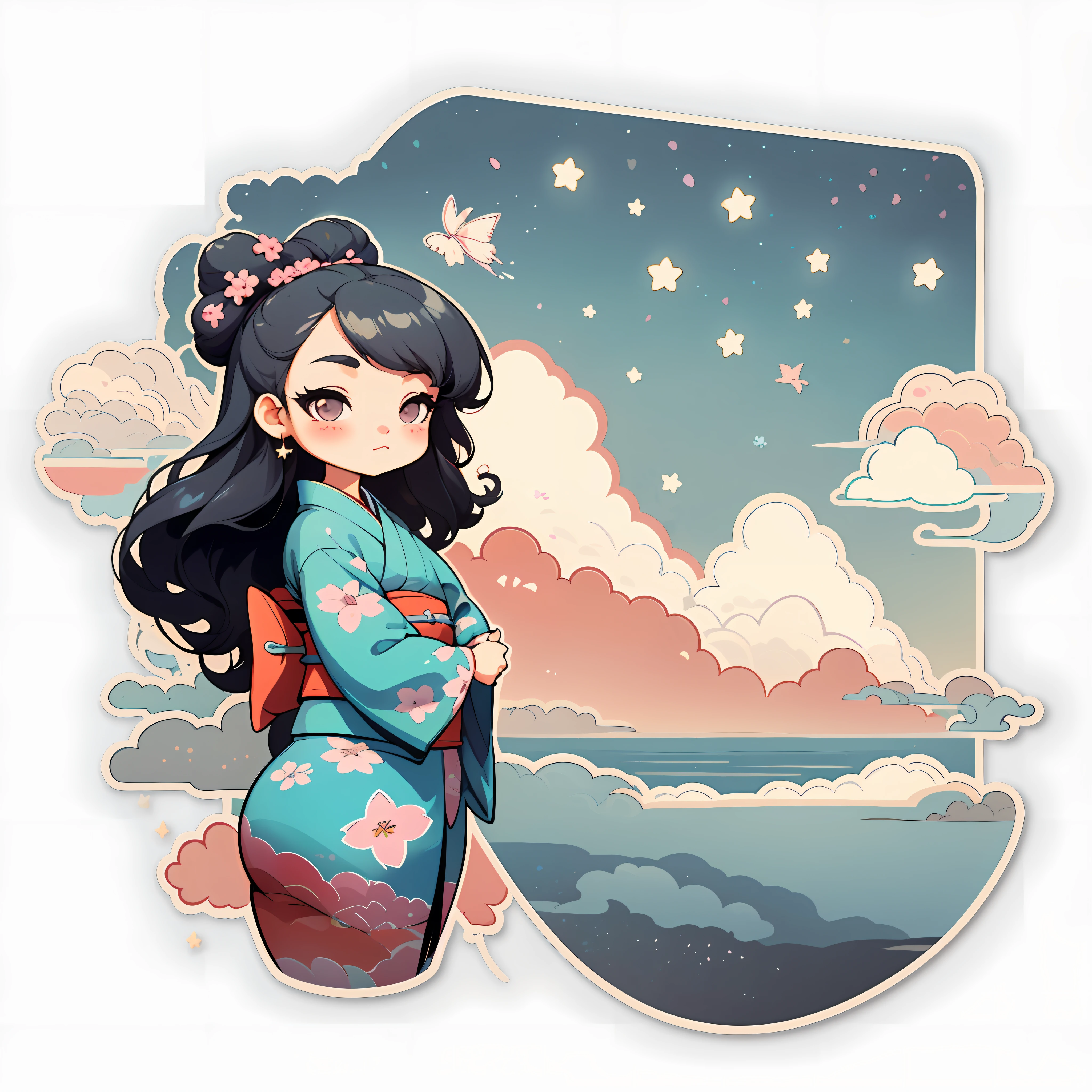 1 sticker, sticker, nikkaze, (cute girl), (gorgeous kimono), (gorgeous hair accessory), (Japanese traditional hairstyle), cherry blossoms, clouds, behind is a huge round moon, stars, white background, no background, simple background, minimal, cute, tiny, pastel color, vector style, no gradient