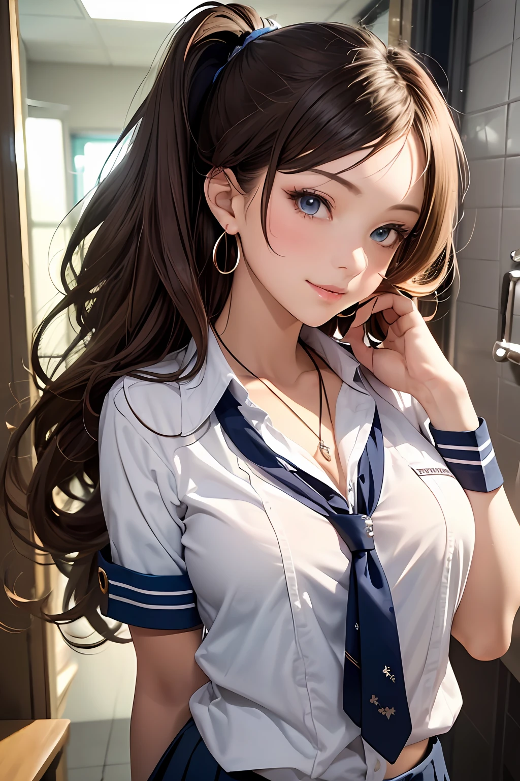 (Masterpiece: 1.3), (Maximum resolution: 1.2), (Ultra HDTV: 1.2), Cinema light, Ultra HDTV, (Detailed eyes and skin), (Detailed facial features), HDR, 8k resolution, Sharp Focus: 1.2, Perfect style, beautiful face, Perfect body, accurate, anatomically correct, highly detailed face and skin texture, detailed eyes, Dark-blue eyes, double eyelids, thin eyebrows, glitter eyeliner: 1.2, natural cheeks, glossy skin, fair skin: 1.2, shiny little necklace and earrings, (glossy lips: 1.4), BREAK, first-person-view, (she is very Cute high school student), (Wearing a Button up shirt, pleated mini skirt, Navy tie, high socks), (seductive smile: 1.2), ((Innocent and Cute girl:1.3)), (side-Ponytail Hairstyle, wavy hair), (Light-brown hair:1.2), medium long hair, (Cowboy shot: 1.2), BREAK, ((Very intimate relationships: 1.2)), medium large breasts, ((Looking at viewer:1.2)), ((hands on hair:1.6)), ((In the Extreme narrow school changing room:1.2)), (from side:1.2),