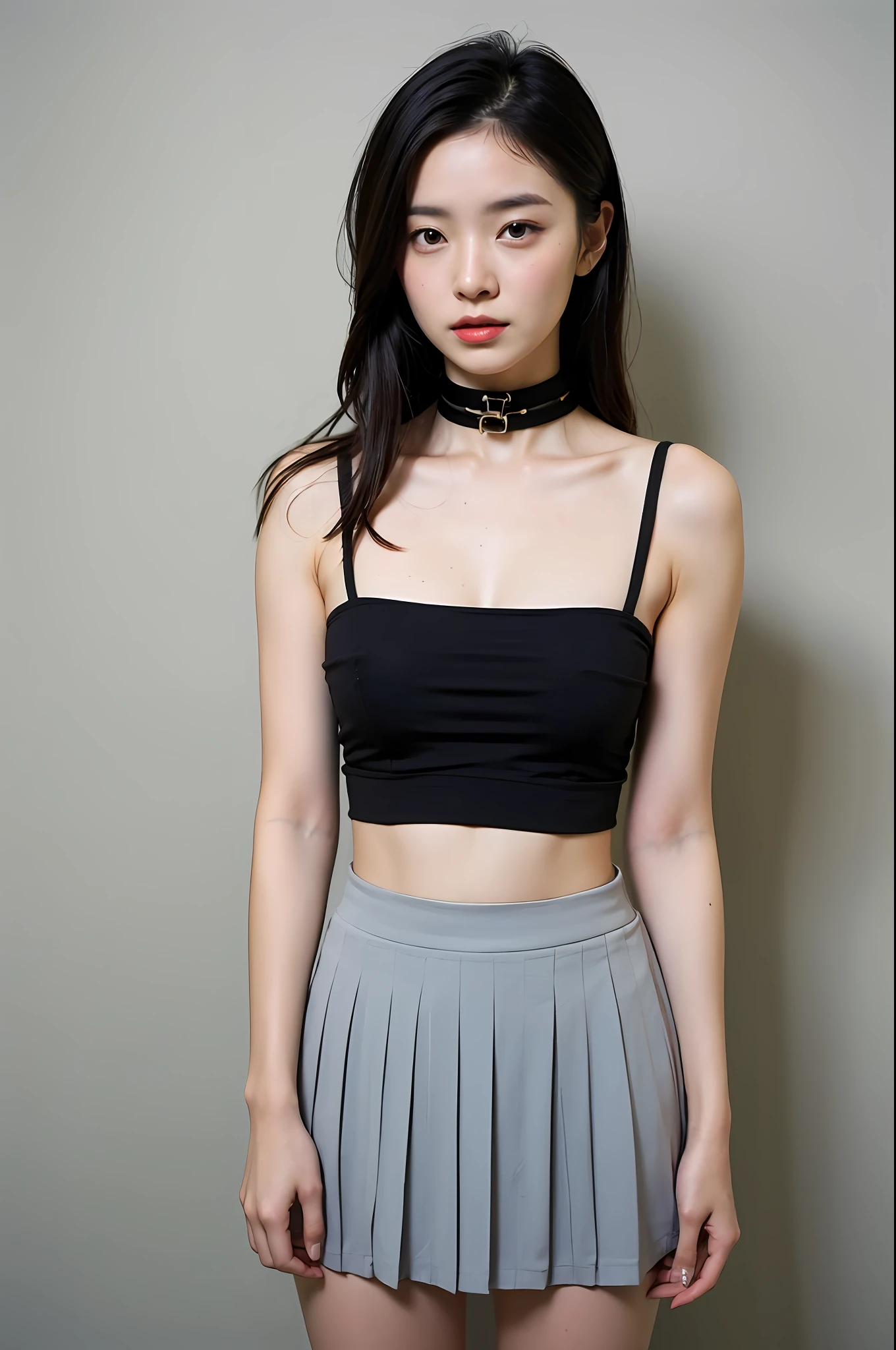（Highly detailed body，Highly detailed face，the best quality：1.2） ，A woman with long hair or tied hair，Look at viewers，（Black bandeau strap 1.2，Pleated skirt short skirt 1.2）(Big 1.2) (Hand detail 1.2)