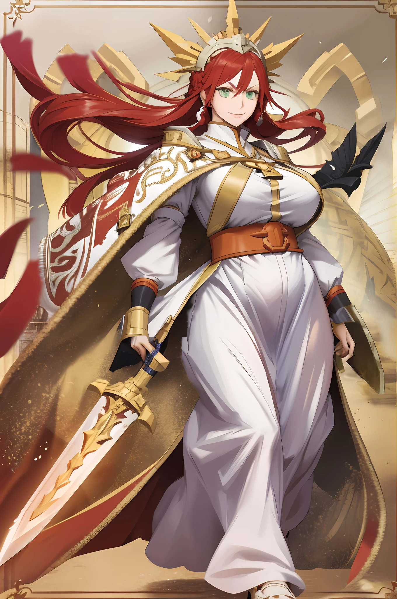 tsubaki yayoioi , blazblue, red hair, green eyes, long hair, tall female, warrior, sword, medieval, twin braids, priestess, holy, holy helmet, medium breasts, yellow cape, stylised helmet, light smile, full body, gold,european cloths, medieval , england, full body, christian, walking, solo focus, holding weapon, long skirt