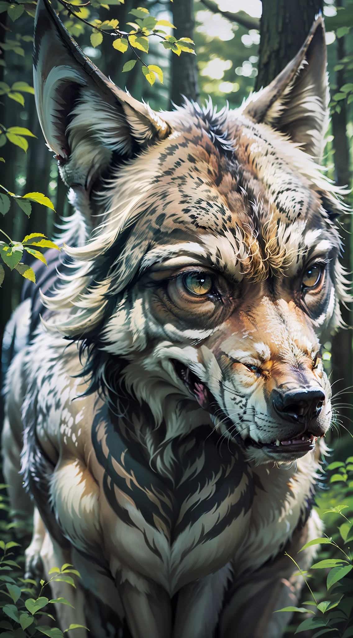 (imposing leader, photorealistic, hunting, light and dangerous forest, 1 wolf savage)