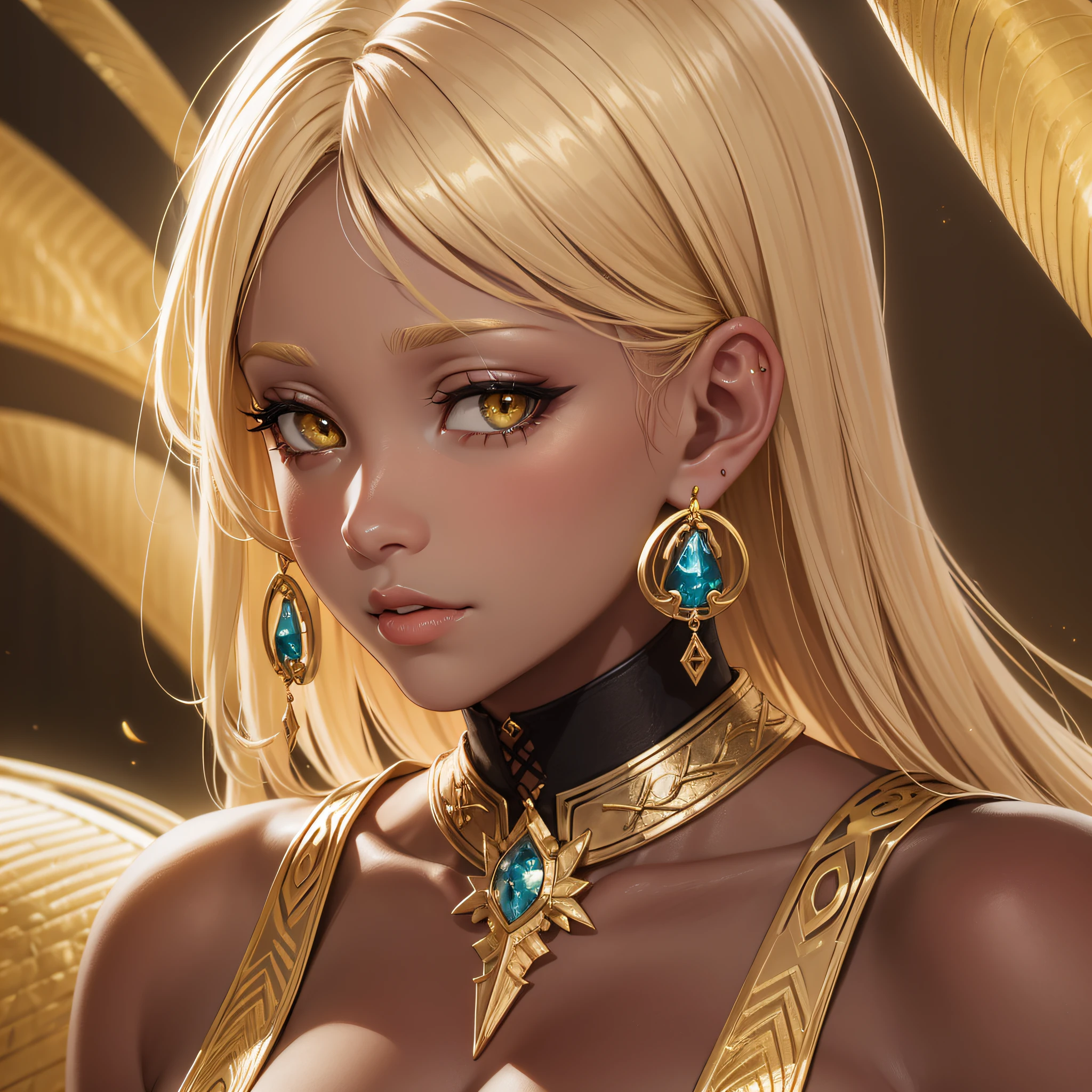 Tons amarelos da mulher negra, cauda com escamas amarelas, pele negra clara, olhos amarelos, brincos de ouro, foco no rosto, cabelos loiros, imagem de alta qualidade, 8k, swamp background