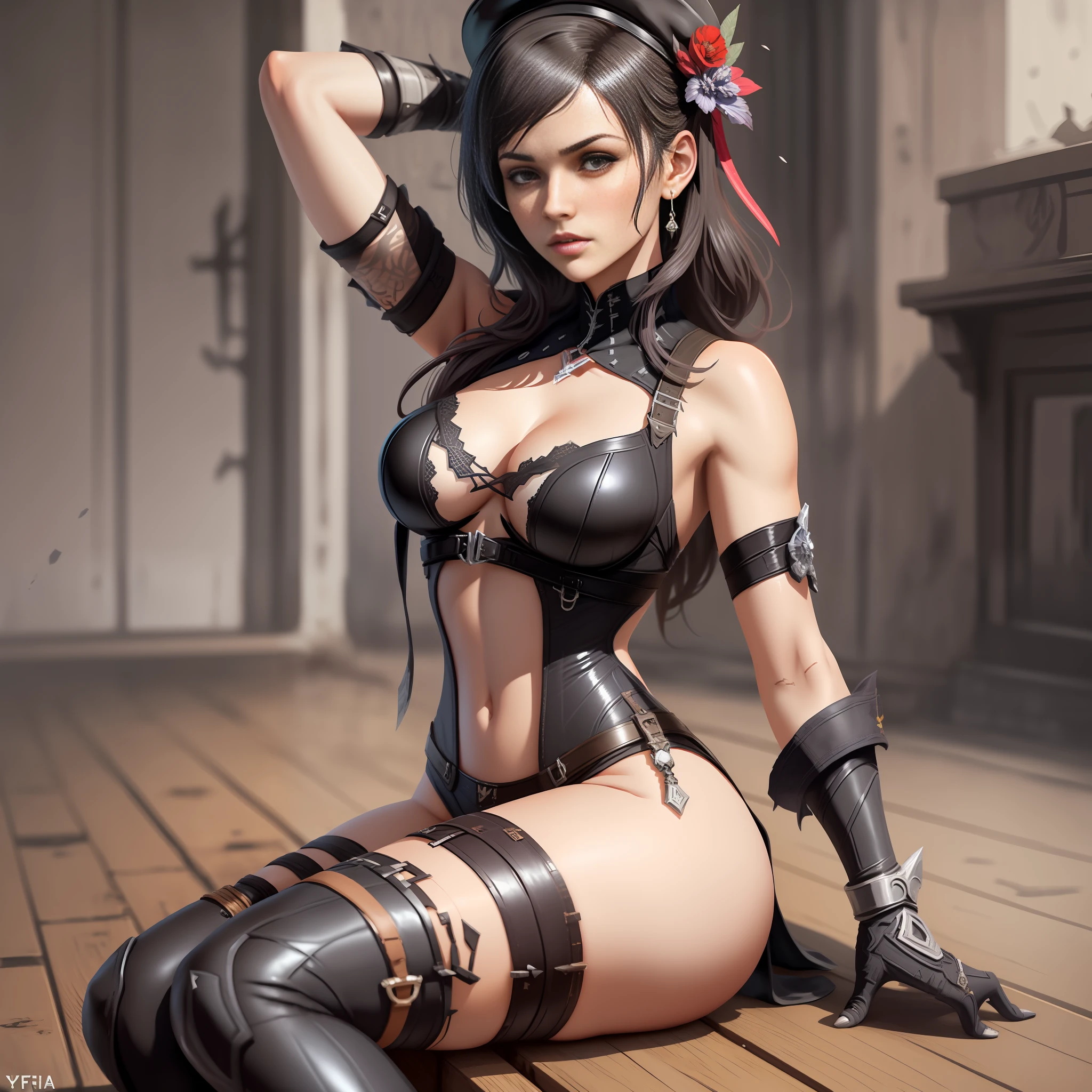 sexy woman in black lingerie sitting on wooden floor with hat, Pose sexy, Retrato sedutor de Tifa Lockhart, Yennefer, menina anime sedutora, Garota sexy, Tifa Lockheart glamourosa, Tifa Lockhart, Yennefer de Vengerberg, Cosplay glamouroso, mulher bonita sedutora do anime, roupa sexy, Metal Gear Solid V Silent, pose dominante sexy