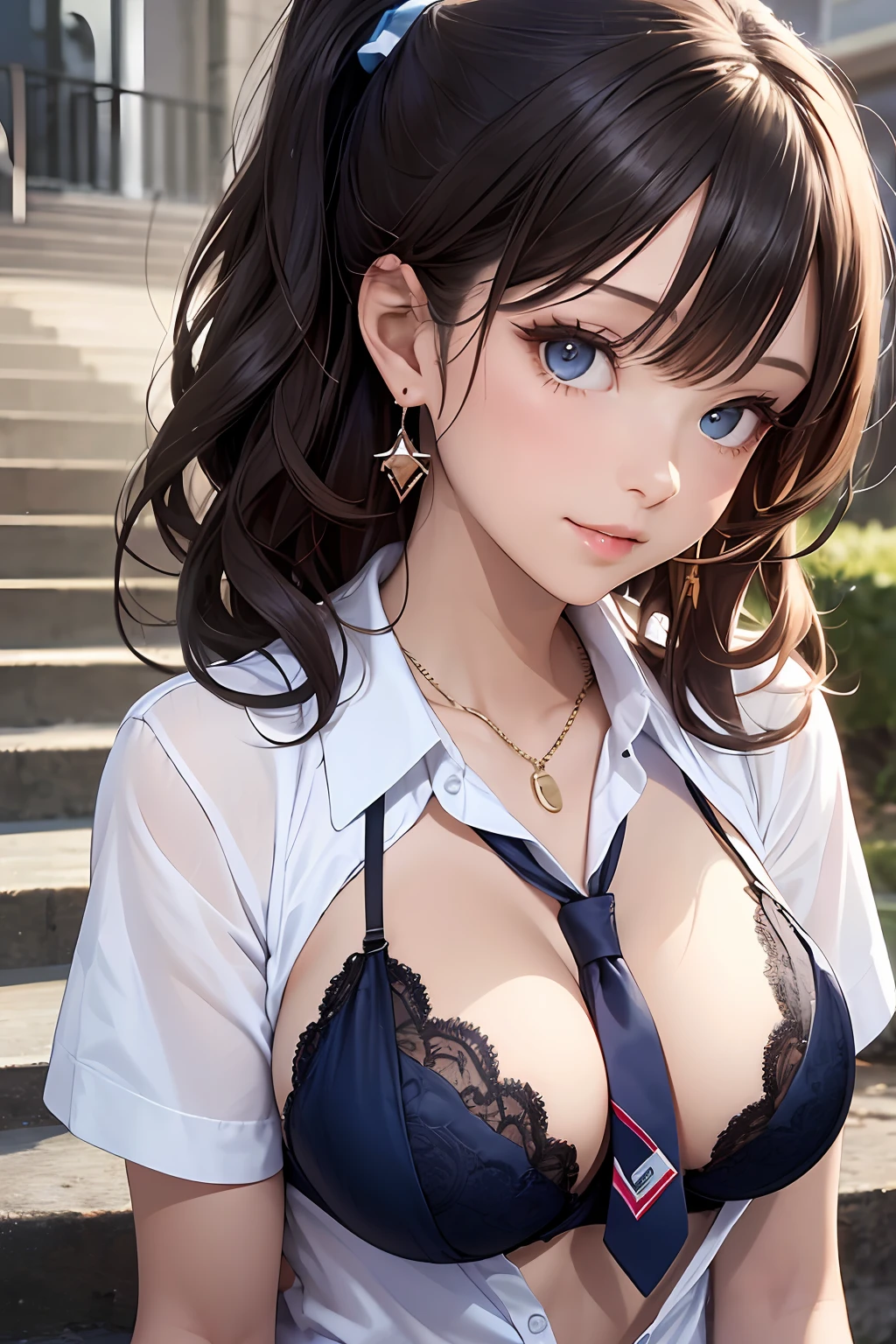 (Masterpiece: 1.3), (Maximum resolution: 1.2), (Ultra HDTV: 1.2), Cinema light, Ultra HDTV, (Detailed eyes and skin), (Detailed facial features), HDR, 8k resolution, Sharp Focus: 1.2, Perfect style, beautiful face, Perfect body, accurate, anatomically correct, highly detailed face and skin texture, detailed eyes, Dark-blue eyes, double eyelids, thin eyebrows, glitter eyeliner: 1.2, natural cheeks, glossy skin, fair skin: 1.2, shiny little necklace and earrings, (glossy lips: 1.4), BREAK, first-person-view, (she is very Cute high school student), (Wearing a Button up shirt, pleated mini skirt, Navy tie, high socks), (Black bra slightly visible through the shirt:1.2), (seductive smile: 1.2), ((Innocent and Cute girl:1.3)), (side-Ponytail Hairstyle, wavy hair), (Light-brown hair:1.2), medium long hair, (Cowboy shot: 1.2), BREAK, ((Very intimate relationships: 1.2)), medium large breasts, ((Looking at viewer:1.2)), ((In the Outside stairs of the school:1.2)), (from side:1.2),