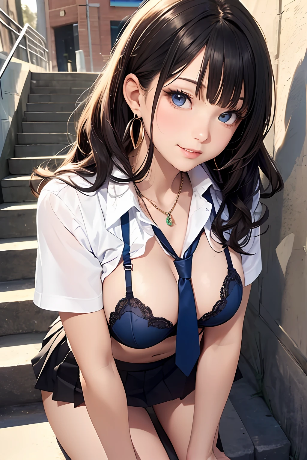 (Masterpiece: 1.3), (Maximum resolution: 1.2), (Ultra HDTV: 1.2), Cinema light, Ultra HDTV, (Detailed eyes and skin), (Detailed facial features), HDR, 8k resolution, Sharp Focus: 1.2, Perfect style, beautiful face, Perfect body, accurate, anatomically correct, highly detailed face and skin texture, detailed eyes, Dark-blue eyes, double eyelids, thin eyebrows, glitter eyeliner: 1.2, natural cheeks, glossy skin, fair skin: 1.2, shiny little necklace and earrings, (glossy lips: 1.4), BREAK, first-person-view, (she is very Cute high school student), (Wearing a Button up shirt, pleated mini skirt, Navy tie, high socks), (Black bra slightly visible through the shirt:1.2), (seductive smile: 1.2), ((Innocent and Cute girl:1.3)), (side-Ponytail Hairstyle, wavy hair), (Light-brown hair:1.2), medium long hair, (Cowboy shot: 1.2), BREAK, ((Very intimate relationships: 1.2)), medium large breasts, ((Looking at viewer:1.2)), ((In the Outside stairs of the school:1.2)), (from side:1.2),