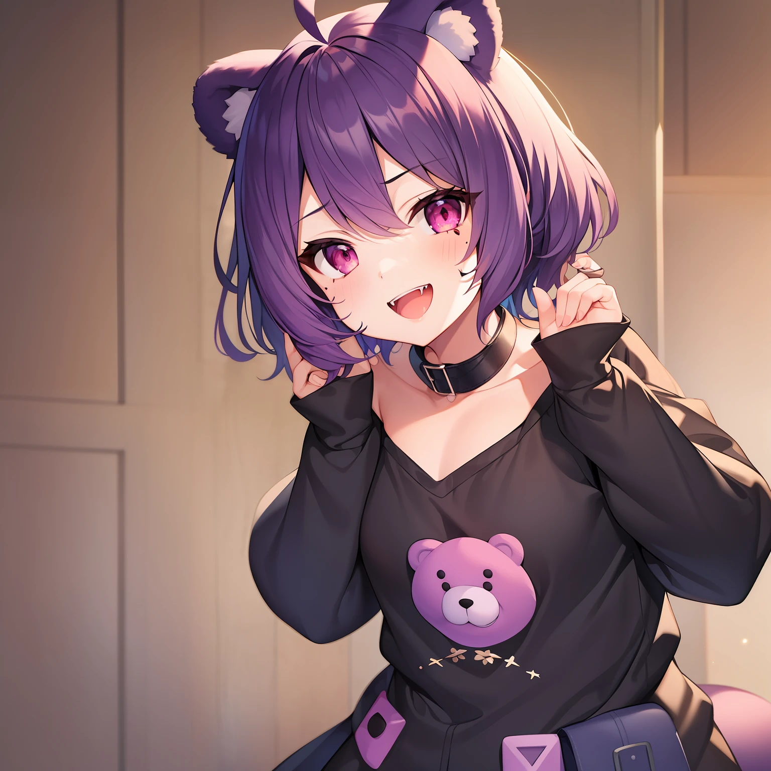 1girl, solo, animal ears, pose, happy, smiling, fangs, purple bear ears, purple hair, looking at viewer, ahoge, bangs, short hair, original character, pink eyes, magenta eyes, red eyes, multicolor eyes, short hair, wavy hair, swept bangs, small breasts, flat chest, bear ears, tired, sleepy, bags under eyes, beauty mark, young, li, short eyebrows