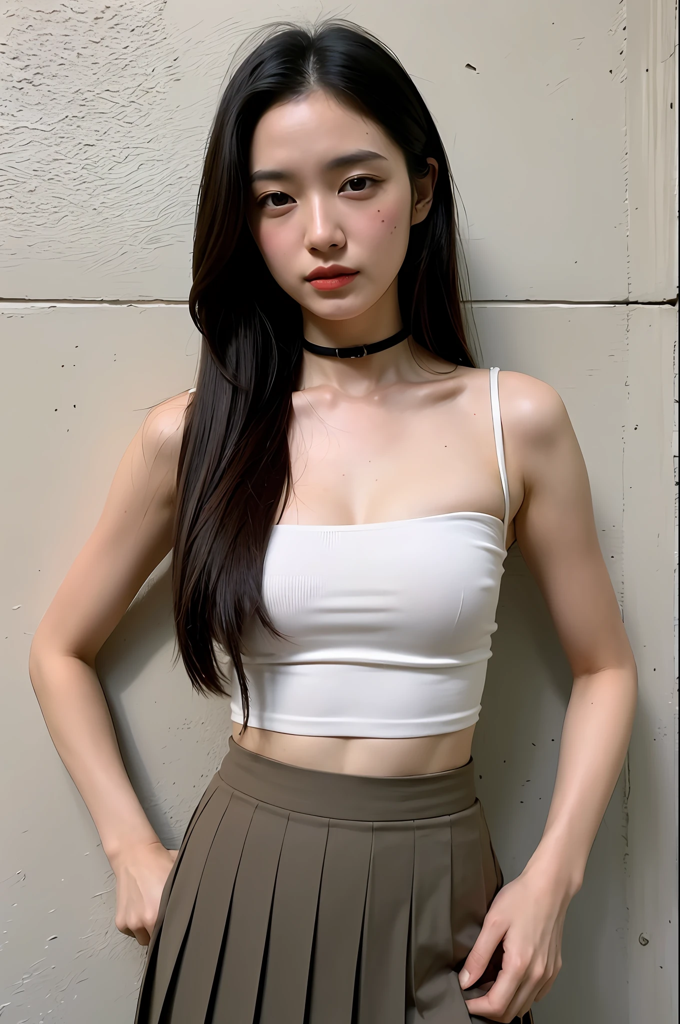 (Highly detailed body,Highly detailed face,the best quality:1.2) ,A woman with long hair or tied hair,Look at viewers,(Black bandeau strap 1.2,Pleated skirt short skirt 1.2)(Big 1.2) (Hand detail 1.2)(The room is against wall 1.2)