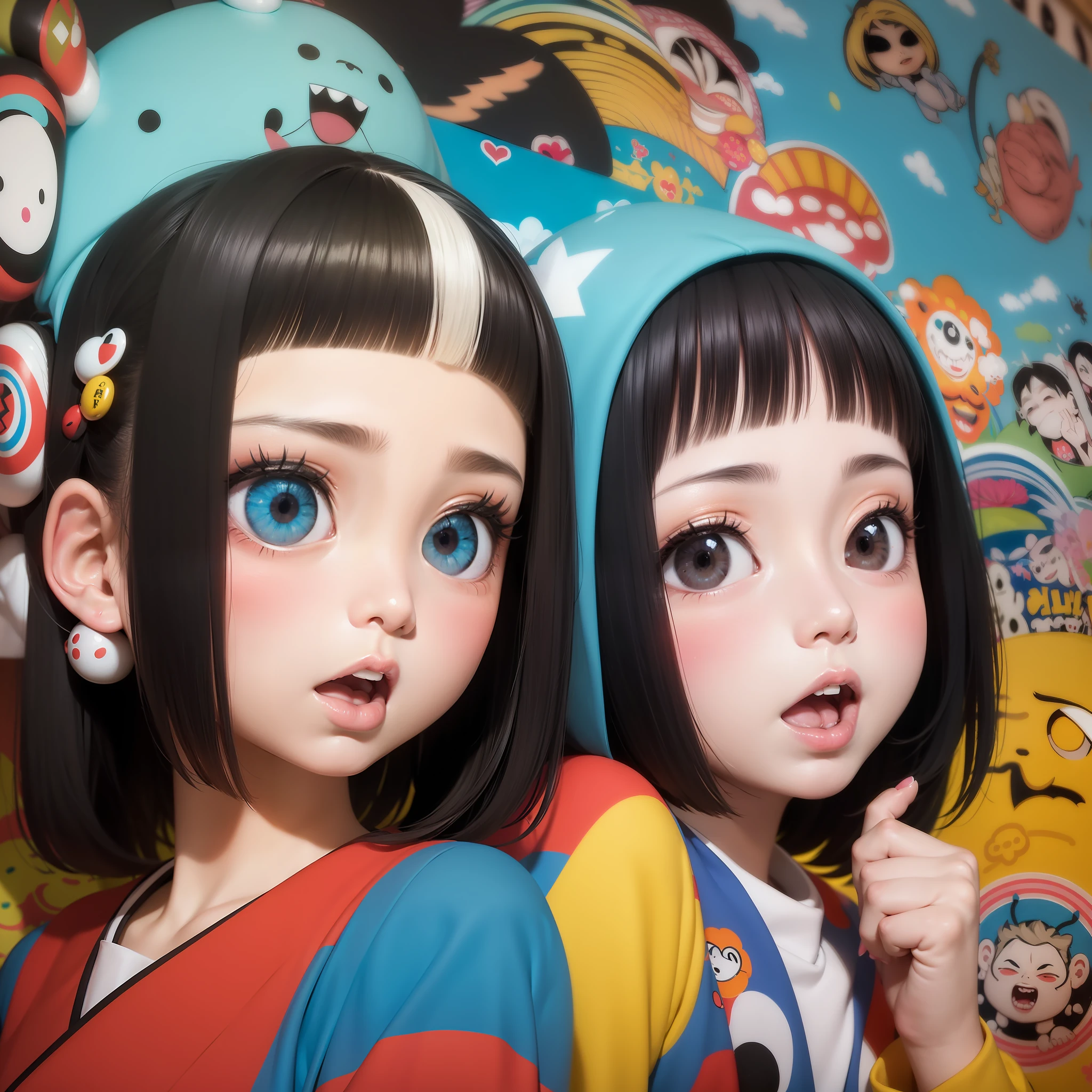 Painting of a woman with a surprised expression on her face, shintaro kago, Inspired by Tadanori Yokoo, by Shinoda Toko, by Narashige Koide, manga painting, japanese popsurrealism, japanese popsurrealism, inspired by Miwa Komatsu, by Yanagawa Nobusada, By Yasutomo Oka