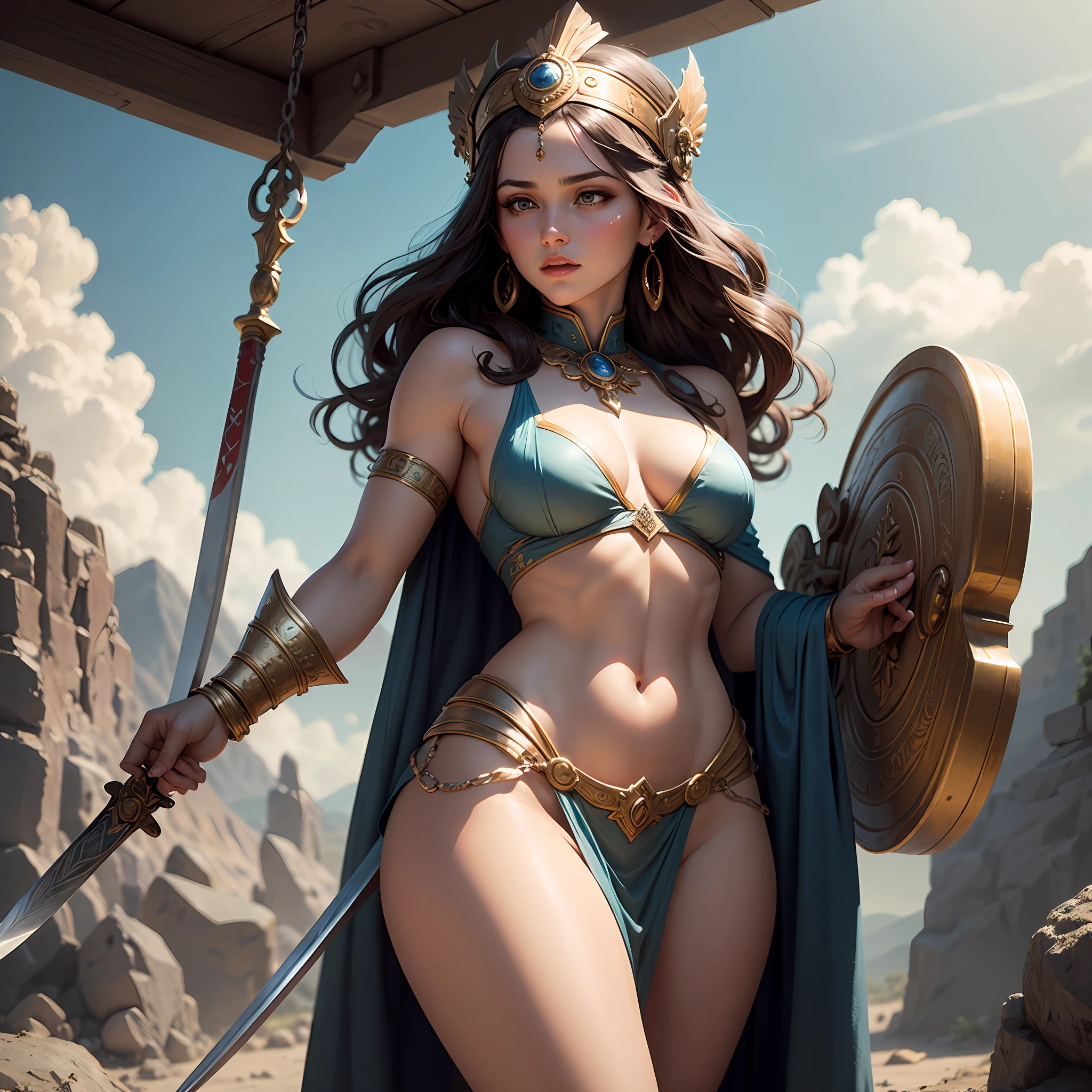 a masterpiece of，Super-High Resolution，A heavily armed goddess of war，With a long sword in his hand, he was fighting accurately on the mountain rock，Swing a sword，Fluttering battle robes，Ancient Greek idols style，deusa Atena，Goddess of battle，Goddess of beauty，body art，The background is sky and clouds, Thomas Blackhill,Greek goddess Athena, j c leyendecker 8 k,portrait of celtic goddess diana, venus godness athena, --auto