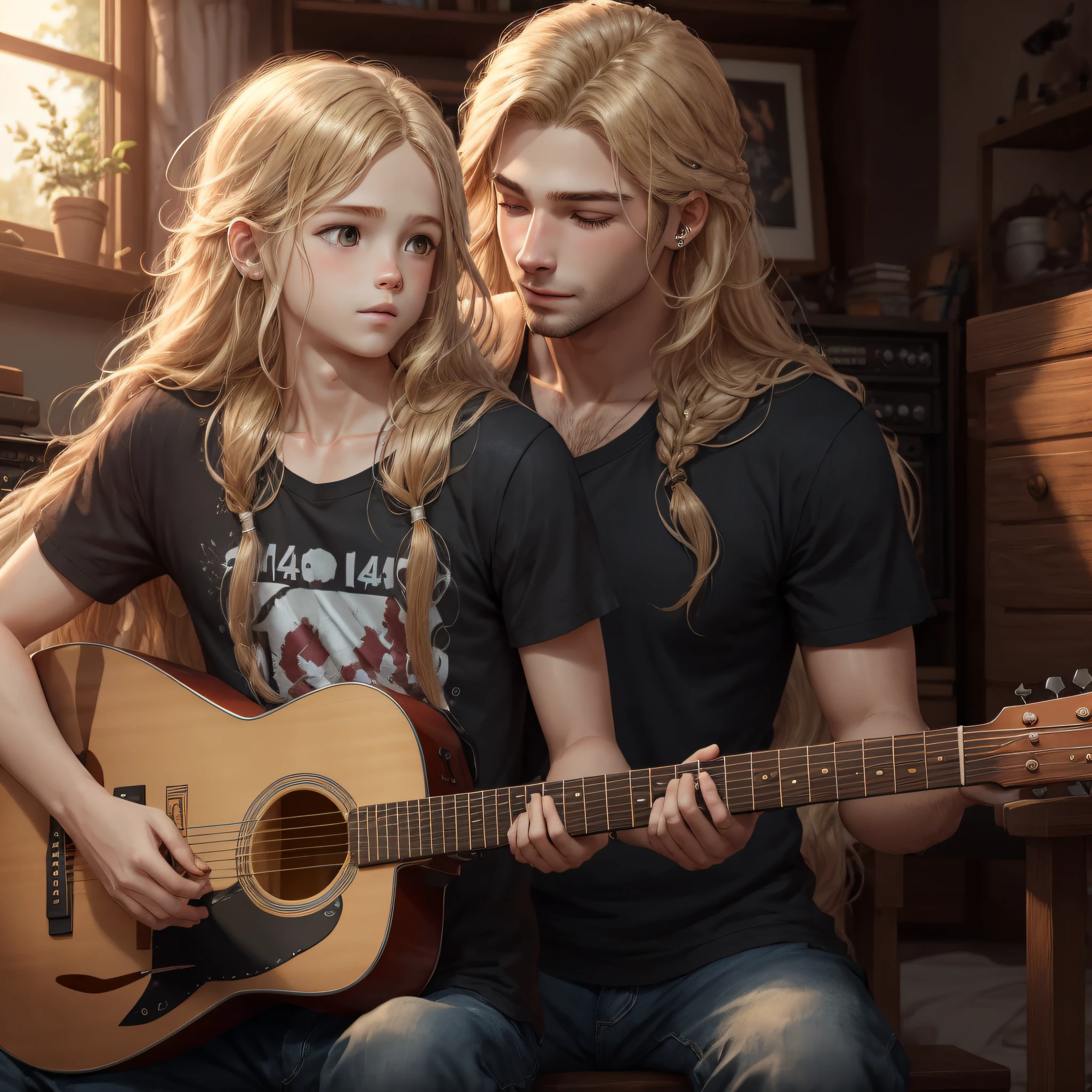 create from scratch a male child with long blond hair, playing guitar with his father with long black hair, ultra realistic 14k --auto