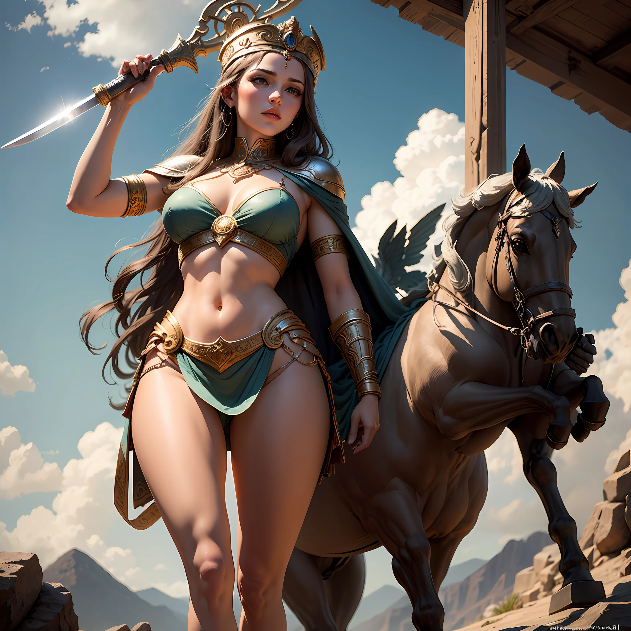 a masterpiece of，Super-High Resolution，A heavily armed goddess of war，With a long sword in his hand, he was fighting accurately on the mountain rock，Swing a sword，Fluttering battle robes，Ancient Greek idols style，deusa Atena，Goddess of battle，Goddess of beauty，body art，The background is sky and clouds, Thomas Blackhill,Greek goddess Athena, j c leyendecker 8 k,portrait of celtic goddess diana, venus godness athena, --auto