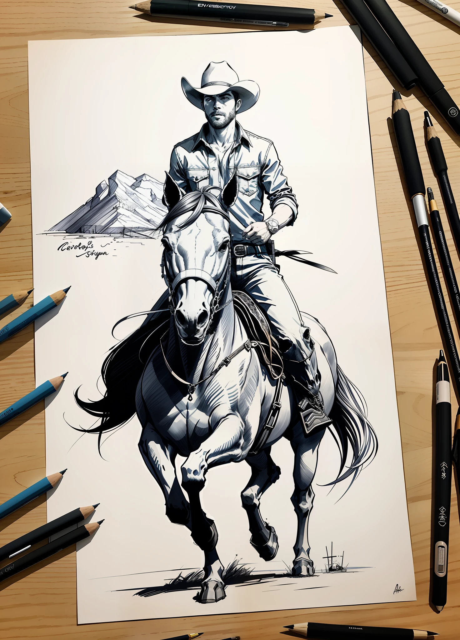 Desenho de um cowboy puxando um cavalo pela corda, paisagem, sketch artstyle, escala de cinza, monocromatic